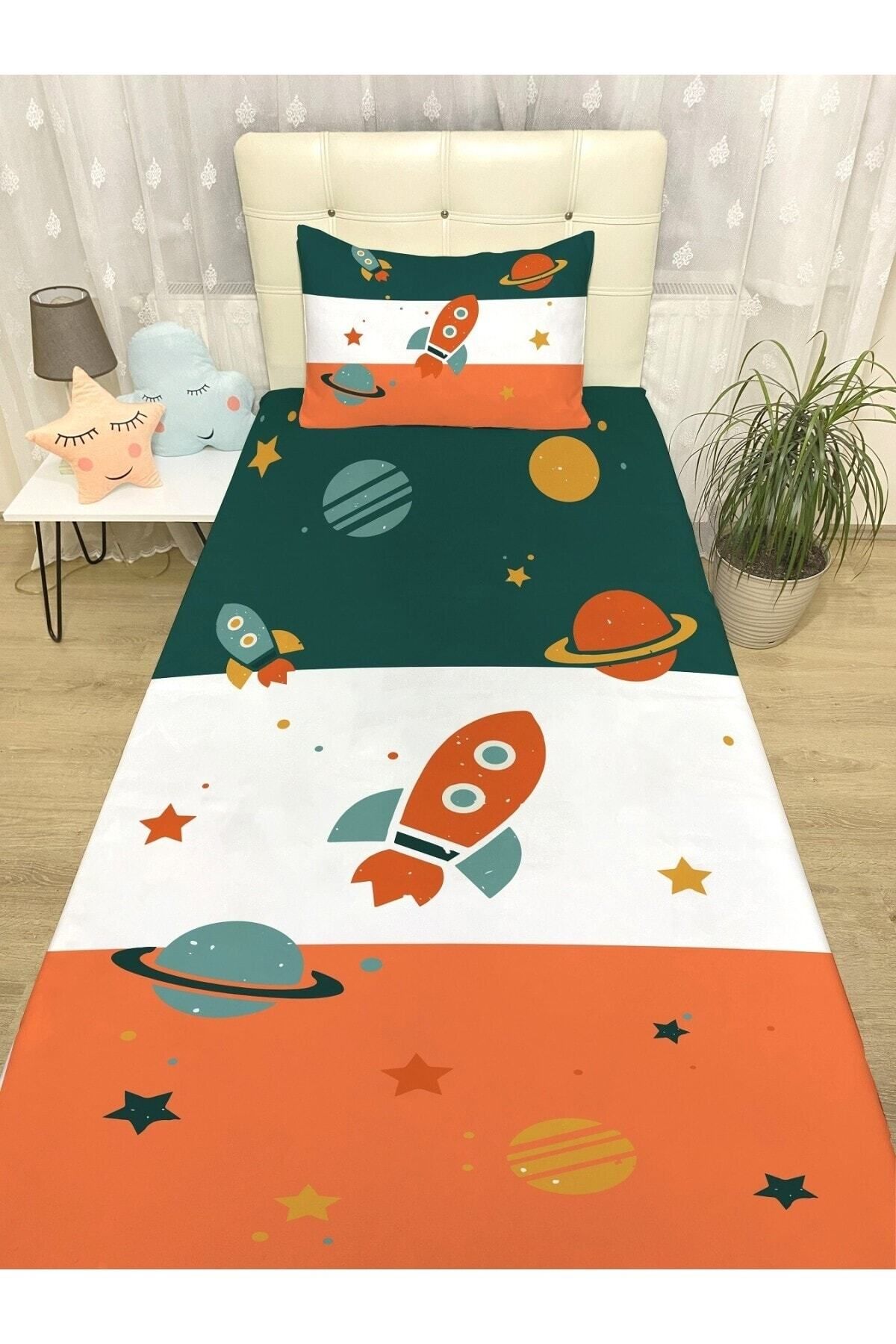 Rual Bebek& Çocuk OdasıRetro Yeşil Turuncu Uzay Araçları Yatak Örtüsü ve Yastık Kılıfı