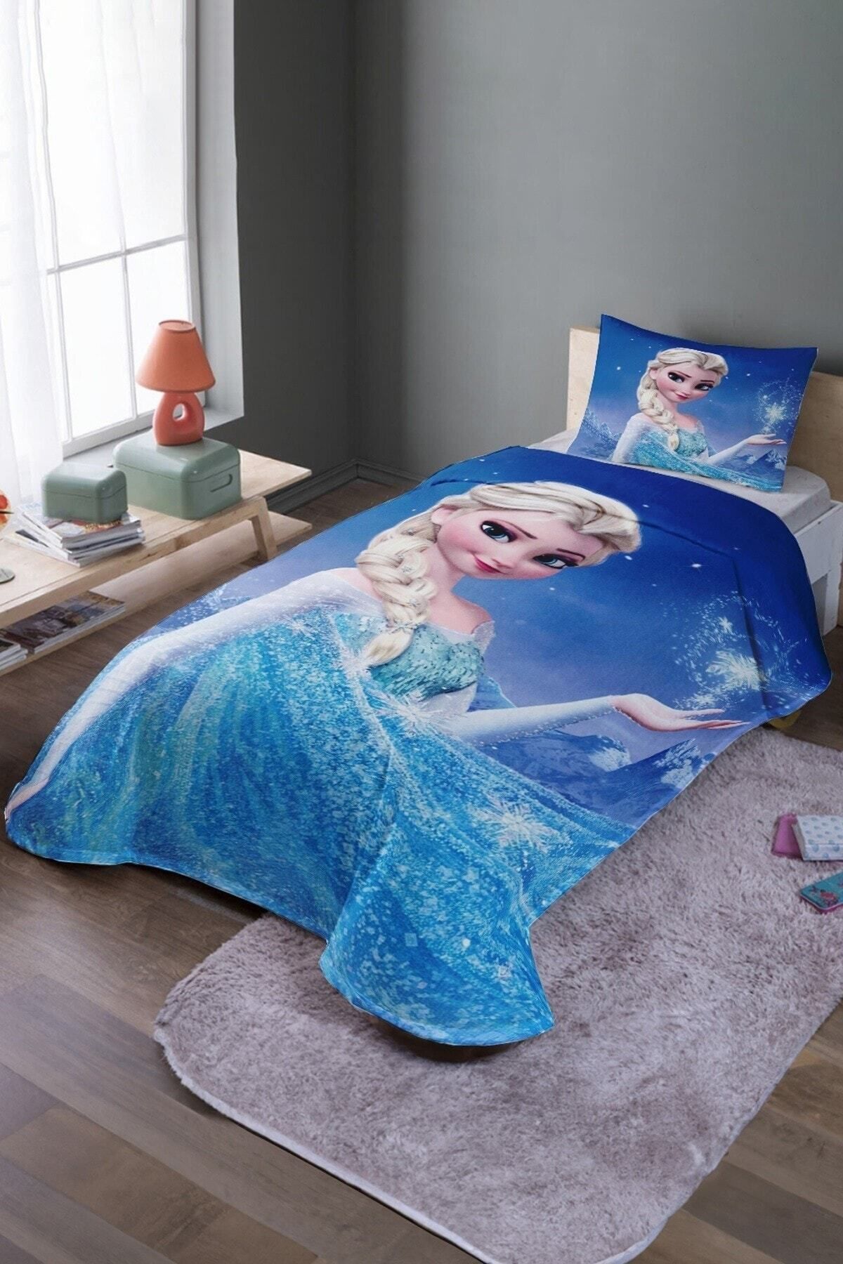 Rual Çocuk&Bebek OdasıMavi Elsa Desenli Tek Kişilik Yatak Örtüsü Ve Pike Takımı