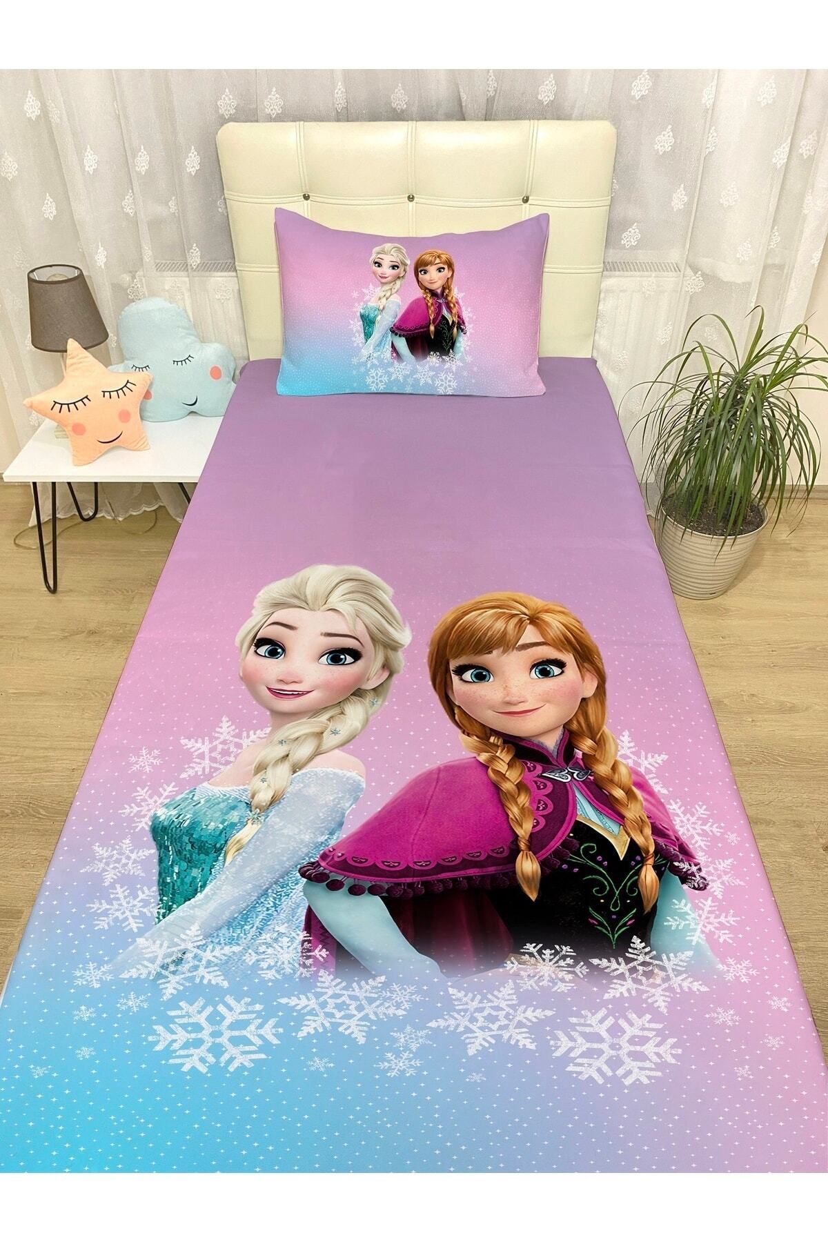 Rual Bebek& Çocuk OdasıYeni Pembe Mavi Elsa Ve Anna Desenli Yatak Örtüsü Ve Yastık Kılıfı