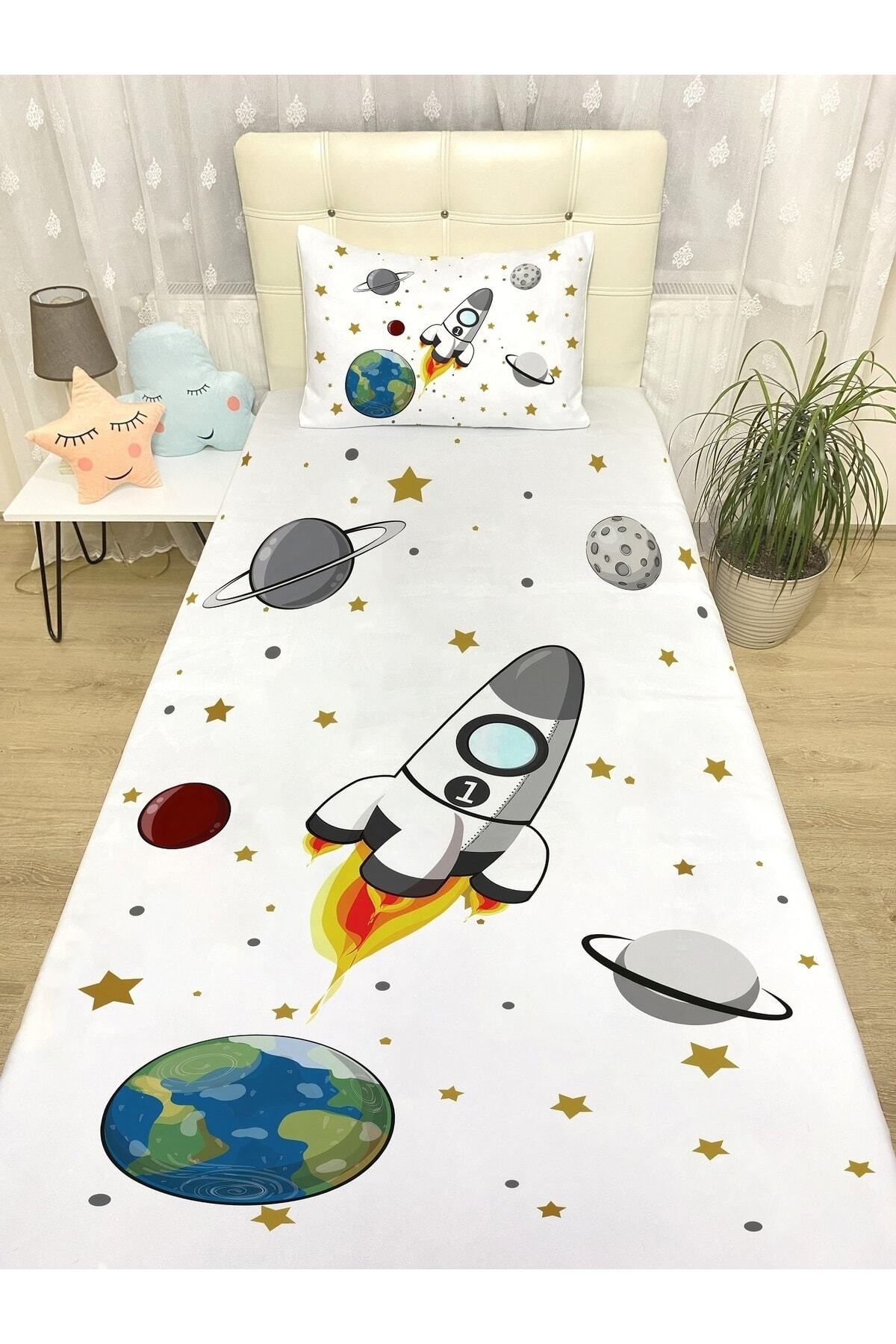 Rual Bebek& Çocuk OdasıBeyaz Uzay Ve Roket Yatak Örtüsü Ve Yastık Kılıfı