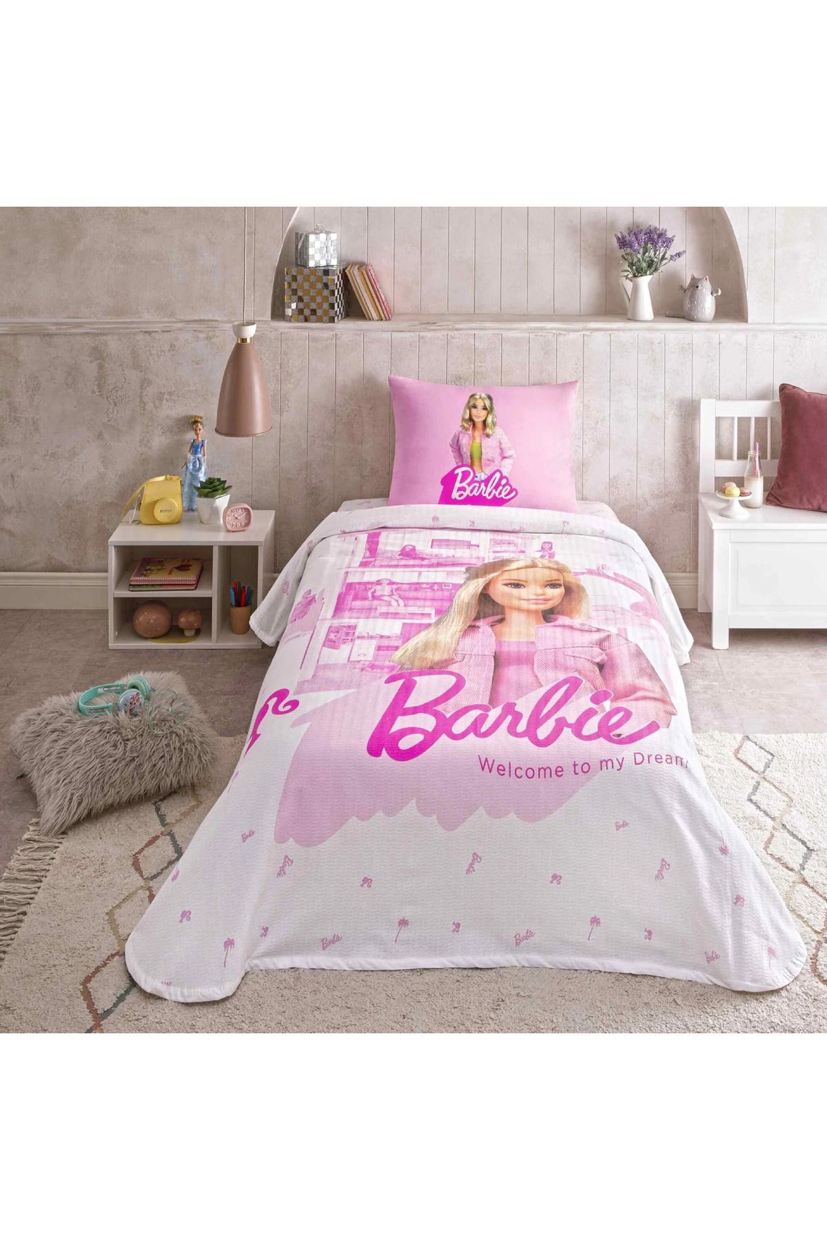 Taç Lisanslı Barbie Box Home Tek Kişilik %100 Pamuk Pike Takımı