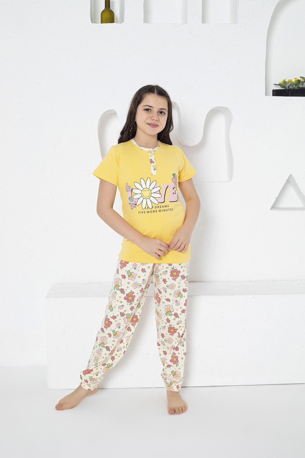 Estiva Kız Çocuk Love Baskılı Kısa Kollu Yazlık Pijama Takımı