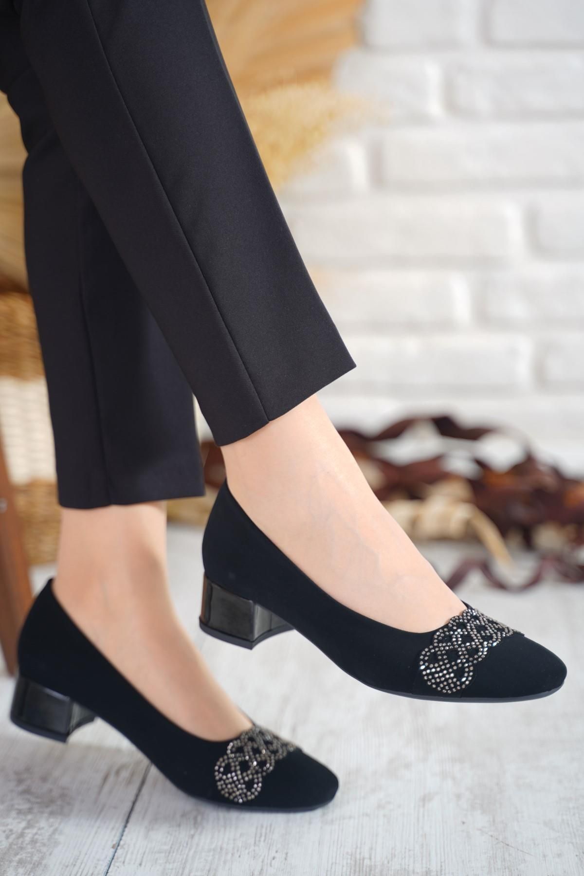 Moda Pie Gizmo Atkı Taşlı Kadın Topuklu Ayakkabı Siyah Süet