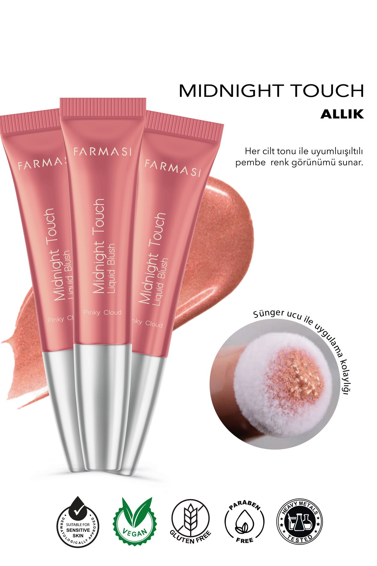 Farmasi Midnight Touch Yumuşak Sünger Uçlu Likit Allık Pinky Cloud 12 ml X3