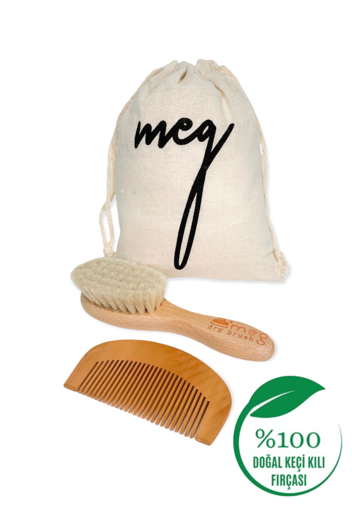MEG Dry Brush Bebeğiniz Için Doğal Ve Yumuşak Keçi Kılı Fırça Ve Ahşap Tarak Seti - Saklama Keseli Mini Boy