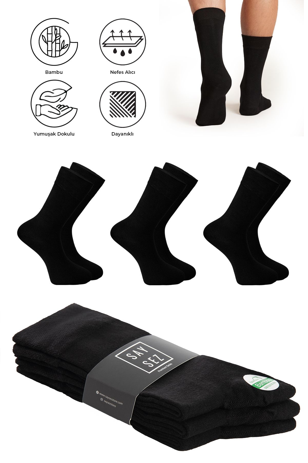 SAYSEZ Bambu Erkek Soket Uzun Düz Siyah Çorap Dikişsiz Premium Paket 3'lü / Yıkamalı Kokulu Soft Çorap