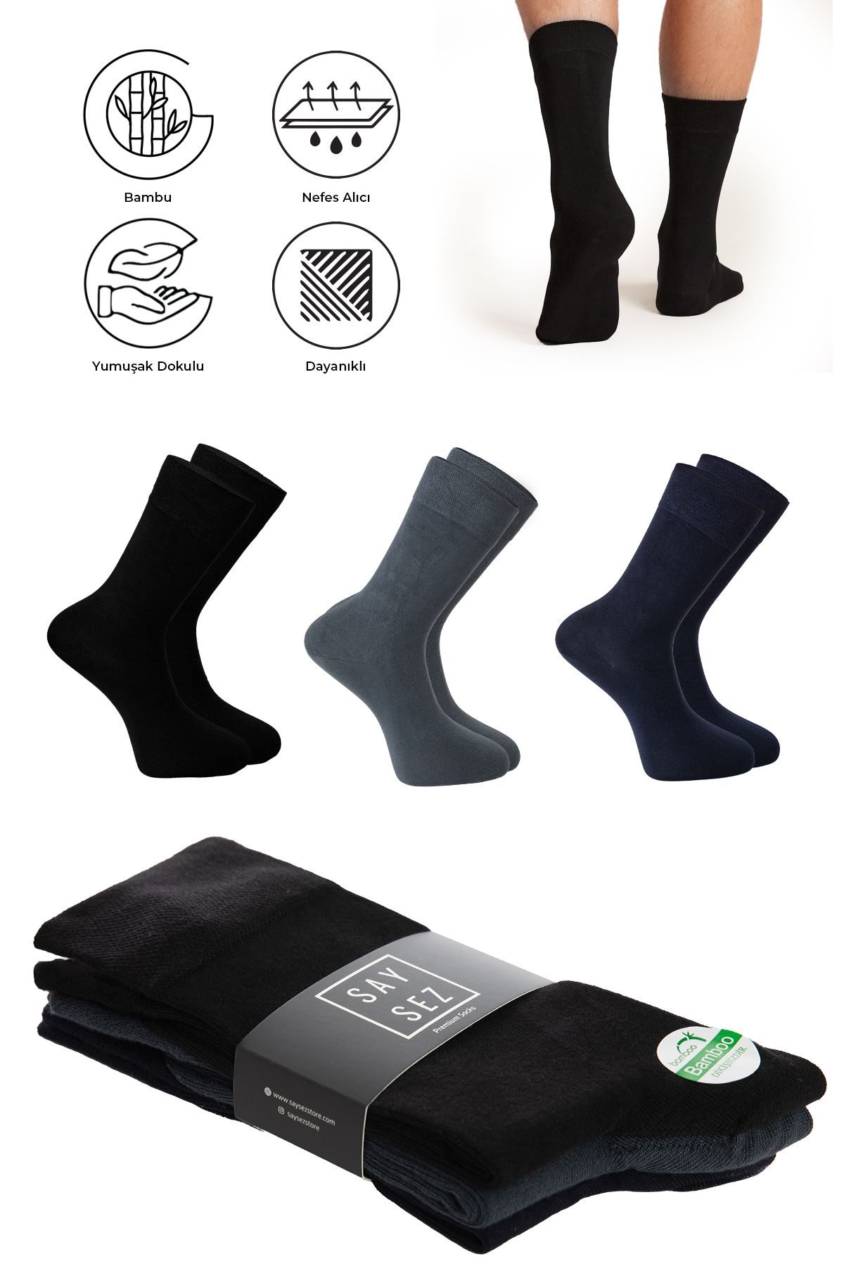 SAYSEZ Bambu Erkek Soket Uzun Düz Siyah-Lacivert-Füme Çorap Dikişsiz Premium Paket 3'lü / Asorti