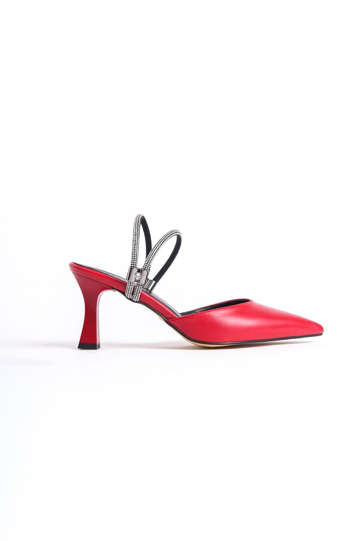 bescobel Kadın Lenmi Kırmızı Cilt Sivri Burun Taşlı Terlik & Ayakkabı 6 cm topuk 101