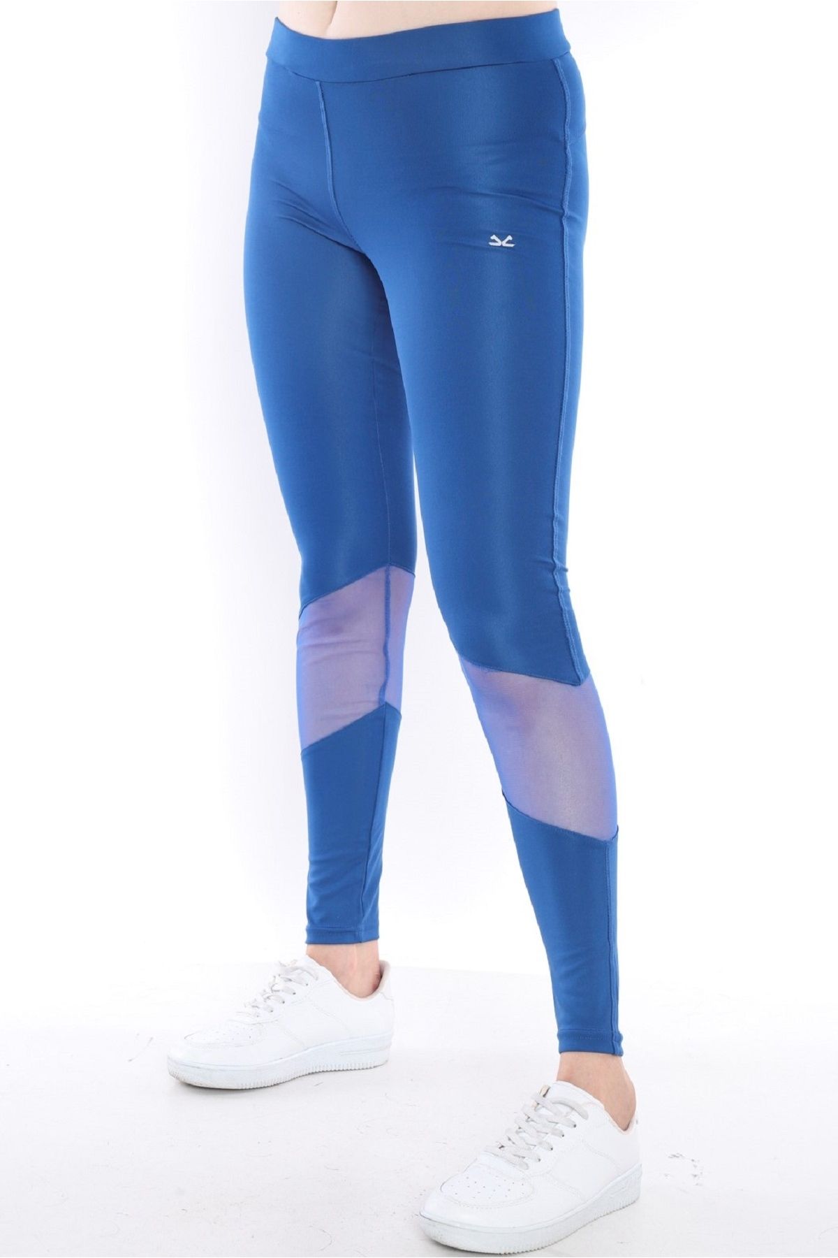 Escetic Saks Mavi Kadın Polyester Normal Bel Diz Altı Transparan Detay Spor Tayt 0351