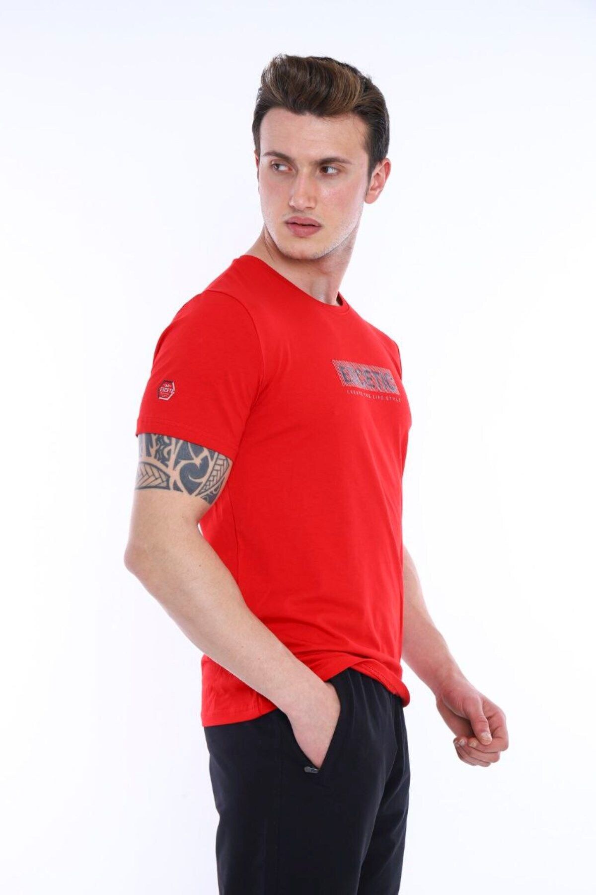 Escetic Kırmızı Erkek Baskılı Pamuklu Nefes Alan Şort-t-shirt Takım A3012