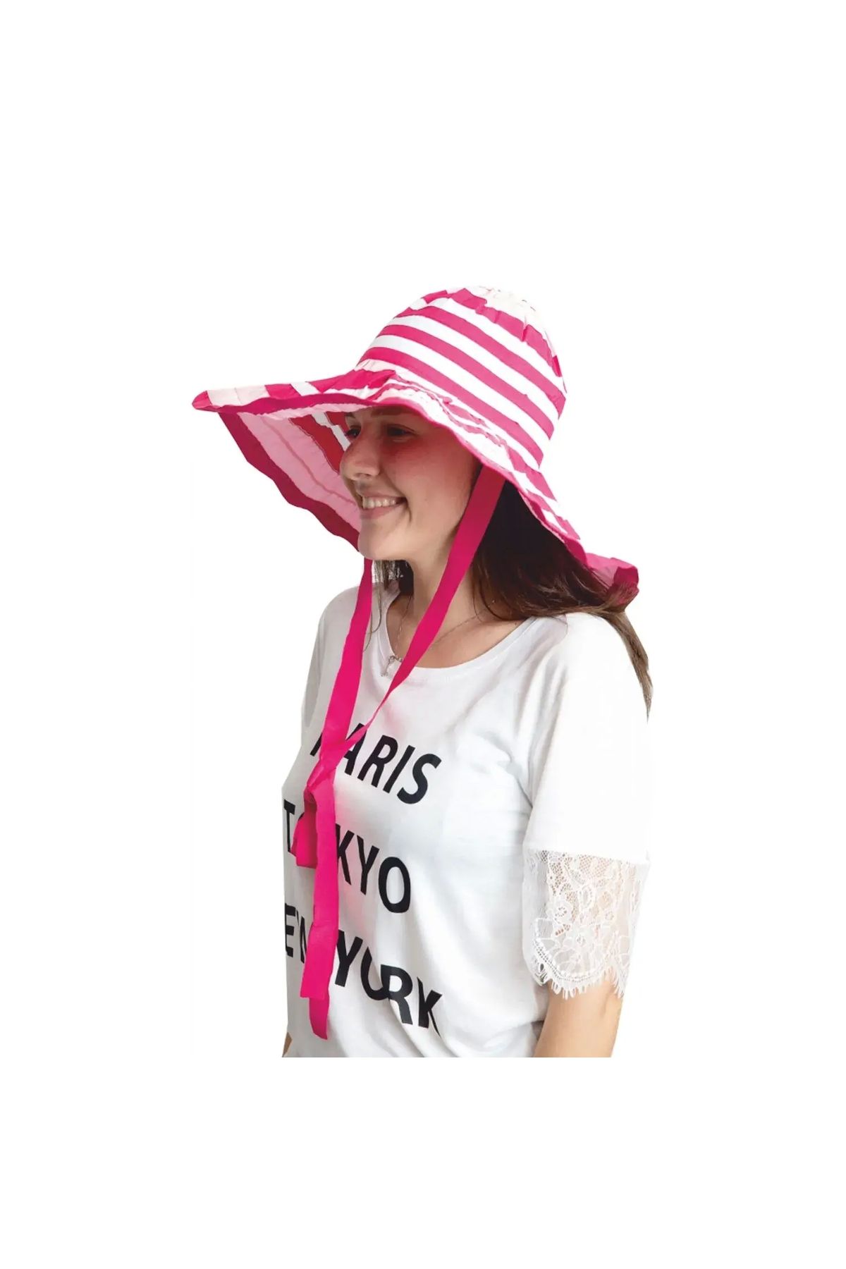 Bay Şapkacı Yazlık Kadın Geniş Kenarlı Şeritli Şapka 5377