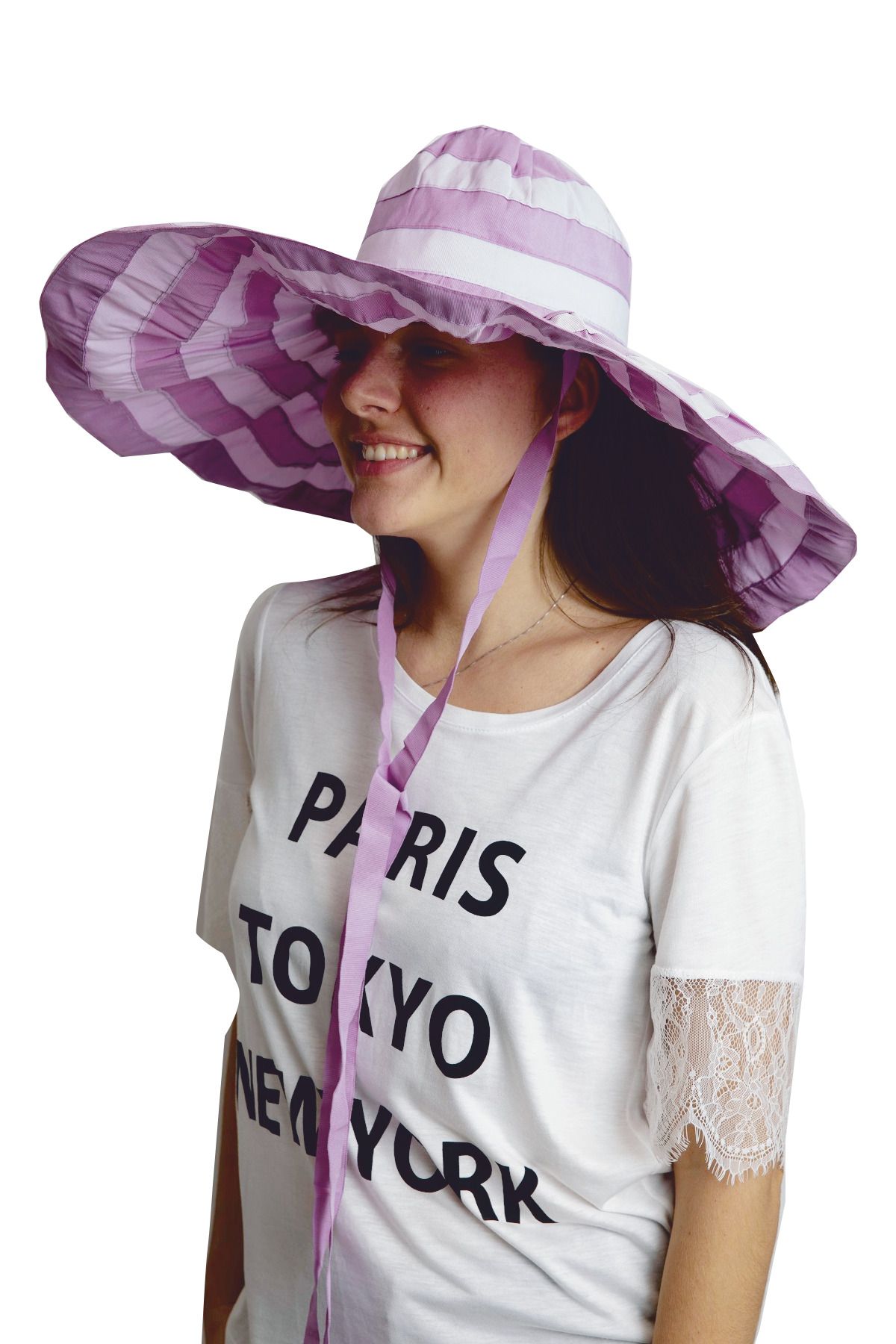 Bay Şapkacı - Yazlık Kadın Geniş Kenarlı Şeritli Şapka 5377 Mor