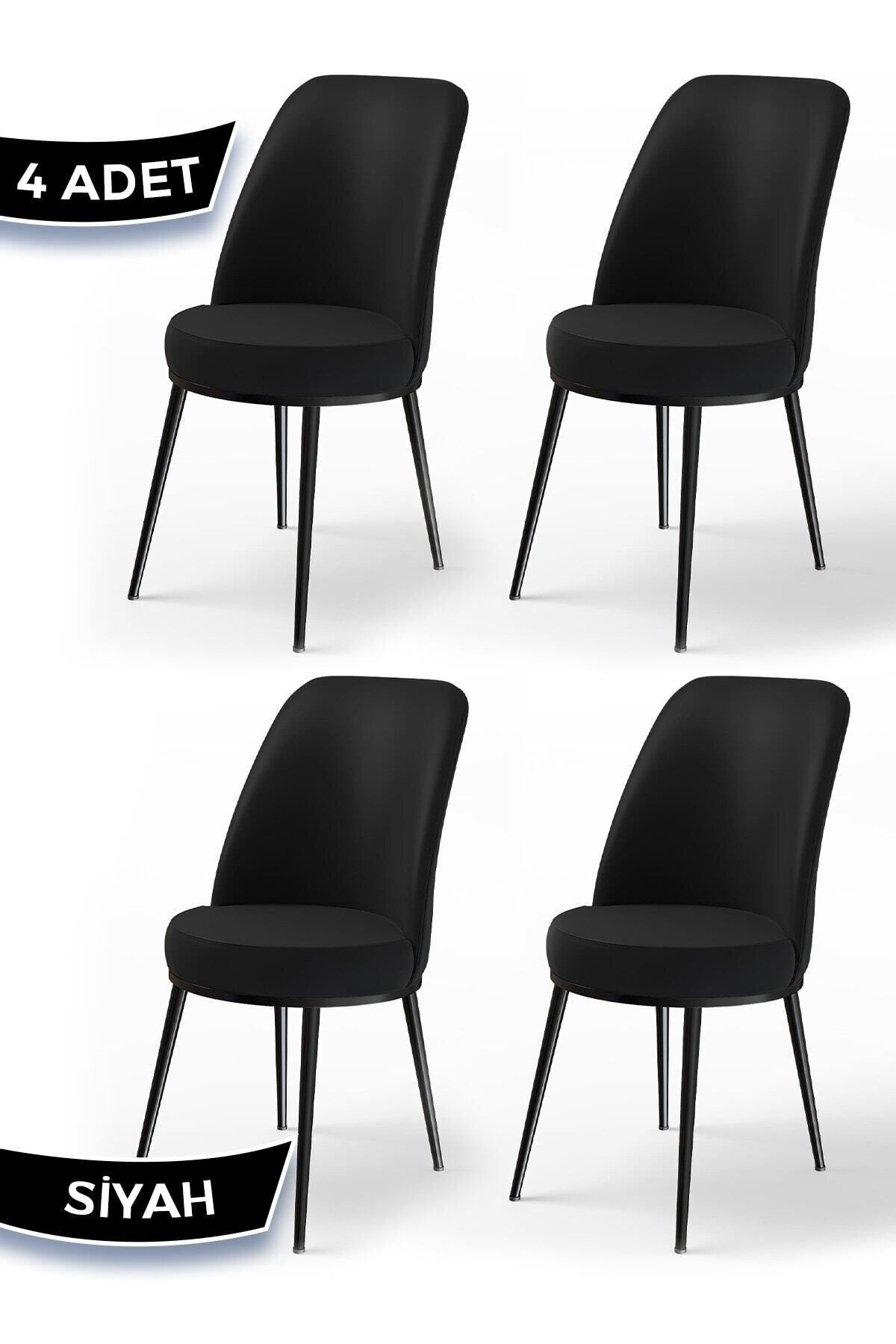 Canisa Dexa Serisi, Üst Kalite Mutfak Sandalyesi,4 Adet Siyah Sandalye, Metal Siyah Iskeletli