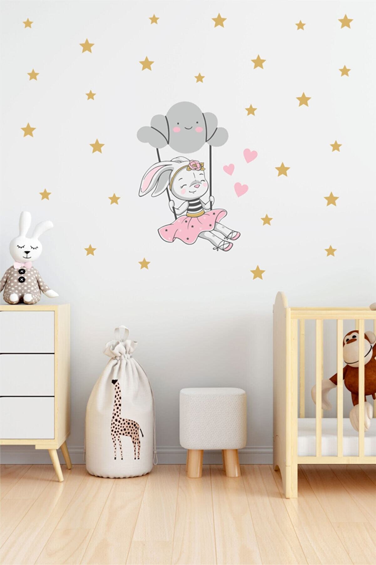 Genel Markalar Bulutta Sallanan Sevimli Tavşan Çocuk Odası Duvar Sticker