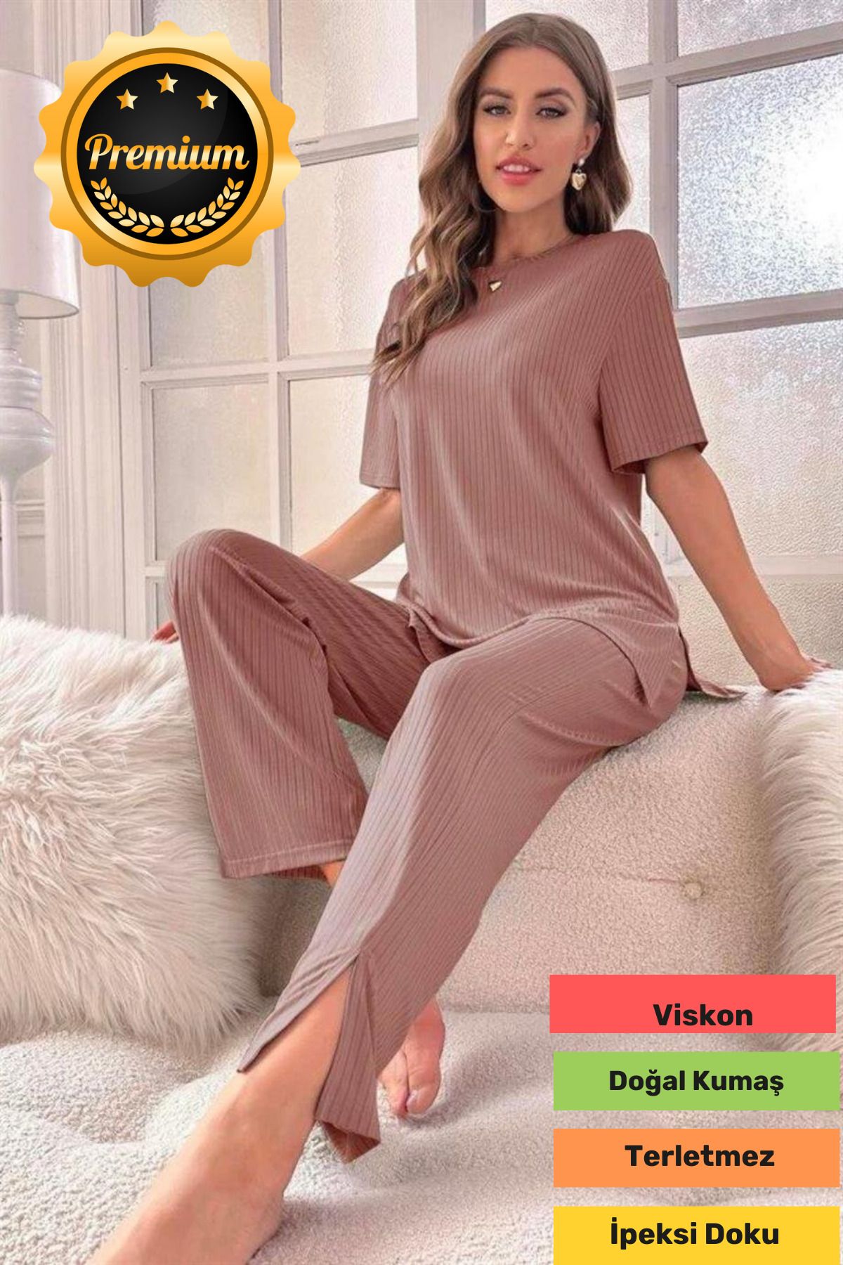 grey cat Premium Ürün Viskon Gülkurusu Ev-tatil Giyim Modern Zarif Paçada Yırtmaç Kısa Kollu Şık I?kili Takım