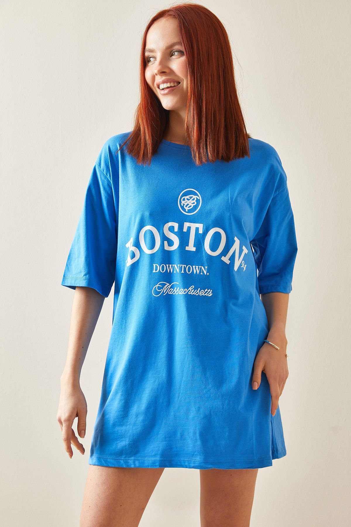 XHAN Mavi Bisiklet Yaka Yazılı Oversize T-Shirt 5YXK1-48209-12