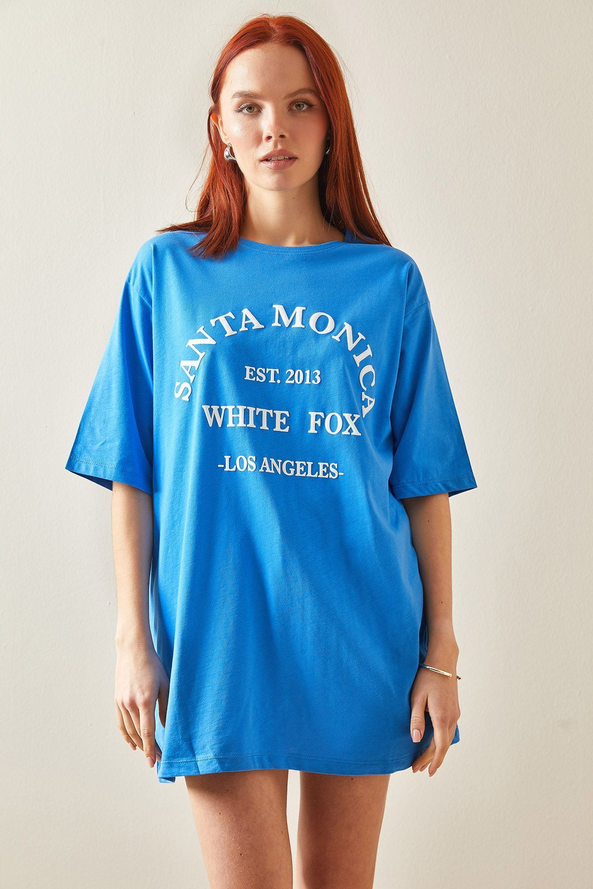 XHAN Mavi Bisiklet Yaka Yazılı Midi Oversize T-Shirt 5YXK1-48207-12