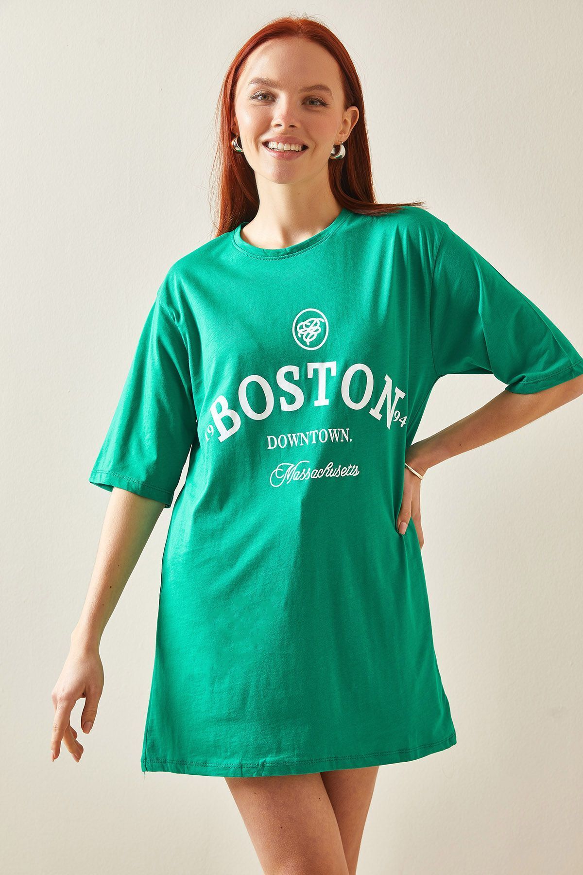 XHAN Yeşil Bisiklet Yaka Yazılı Oversize T-Shirt 5YXK1-48209-08