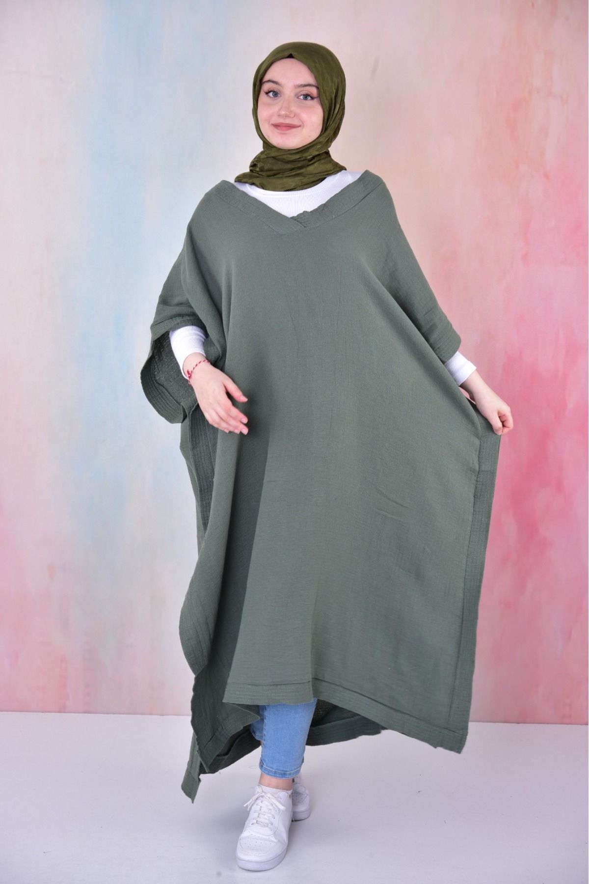 BUUFUU Günlük Yazlık Mevsimlik Müslim Kumaş Salaş Panço Kadın Elbise