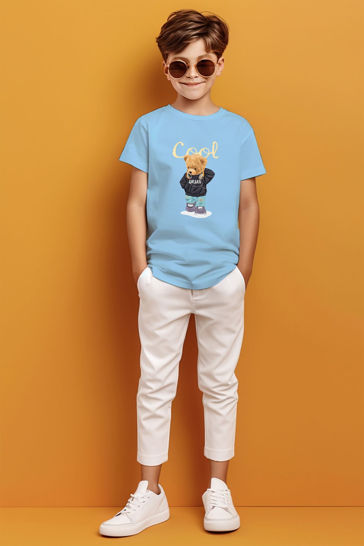 ADABEBEK Cool yazılı Kulaklık Takan Bear Baskılı Erkek Çocuk Tişört
