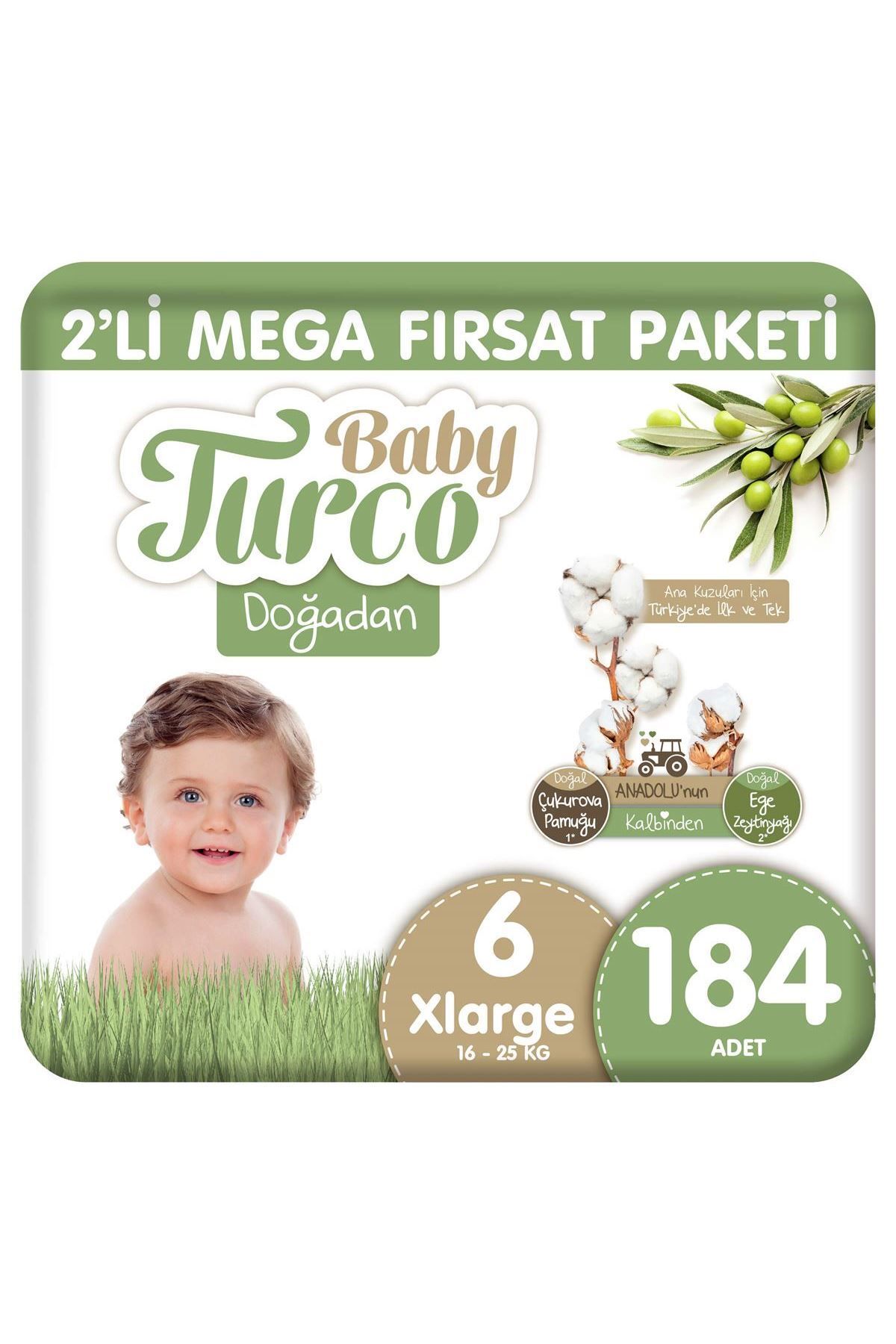 Baby Turco Doğadan 2'li Mega Fırsat Paketi Bebek Bezi 6 Numara Xlarge 184 Adet