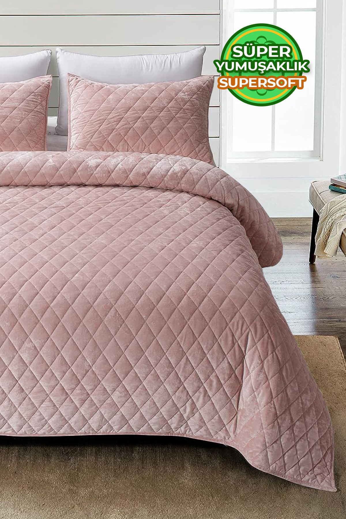 Evlen Home Collection Kapitone Kadife Yatak Örtüsü Seti Tek Kişilik Supersoft 2 Parça Yumuşak Elyaf Dolgulu Çeyizlik Pudra