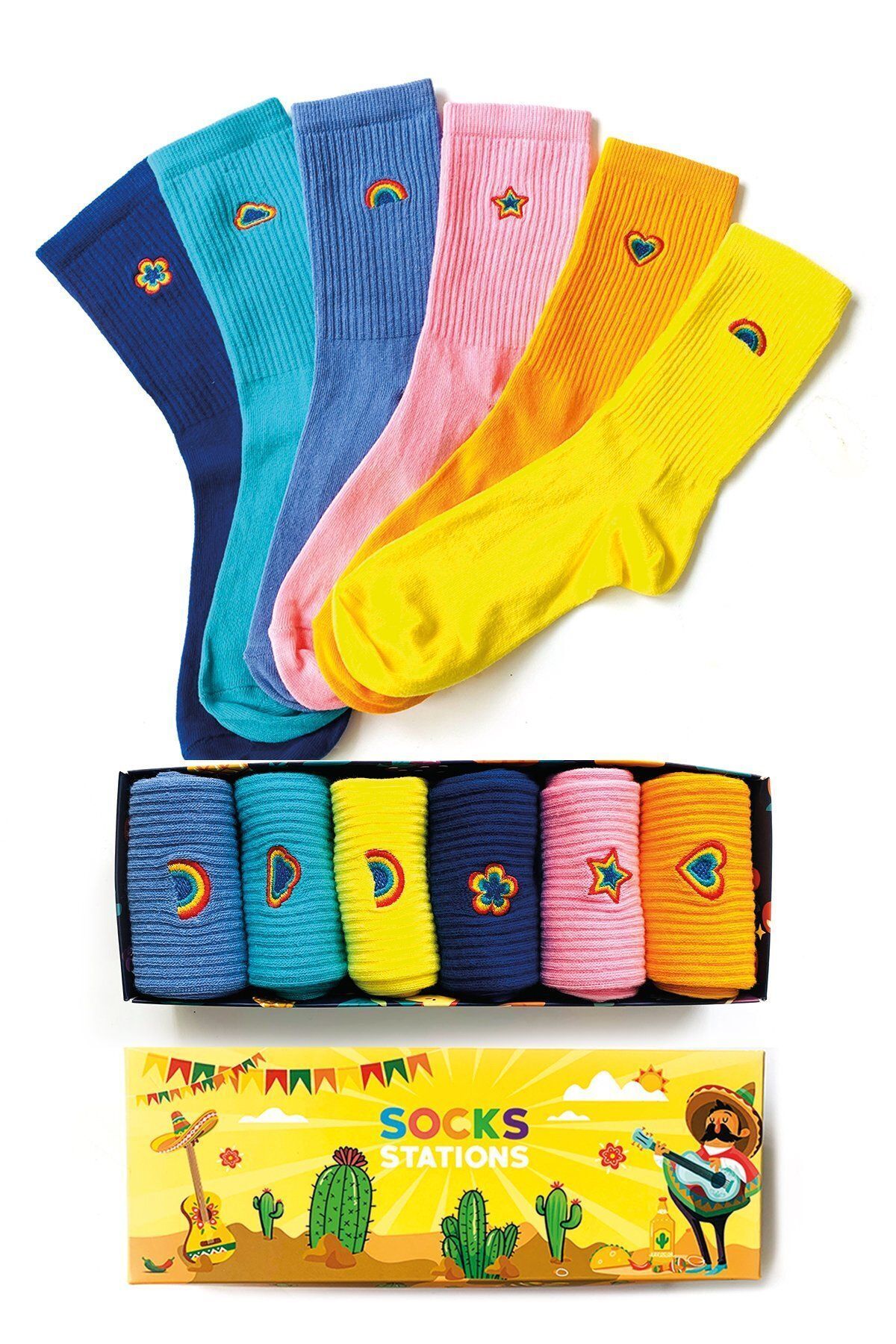 Socks Stations Ünisex Pastel Renkli, Gökkuşağı Nakışlı Çorap Kutusu 6’lı