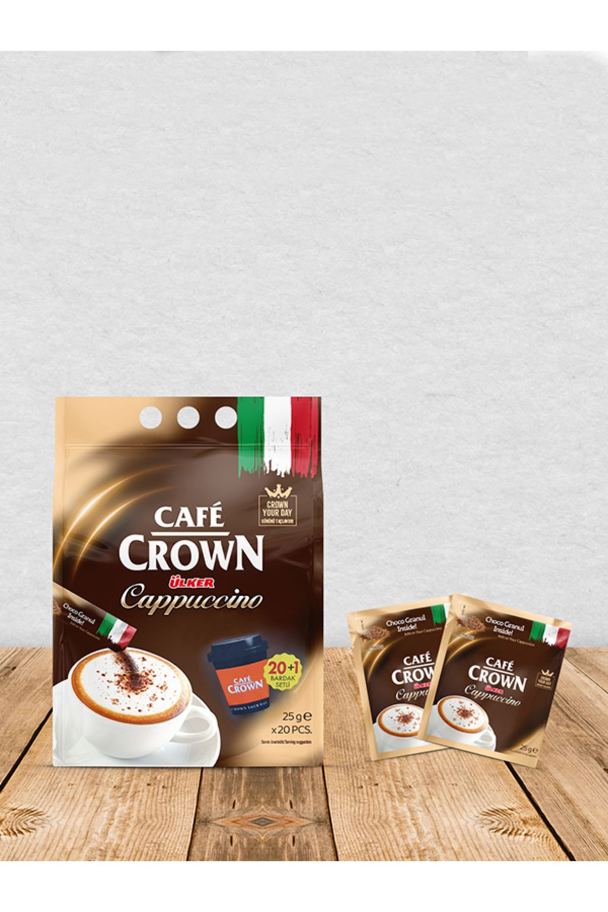 Cafe Crown Cappuccino 25 gram x 20 Adet Bardak Setli + Fiskat Fix Hediyeli