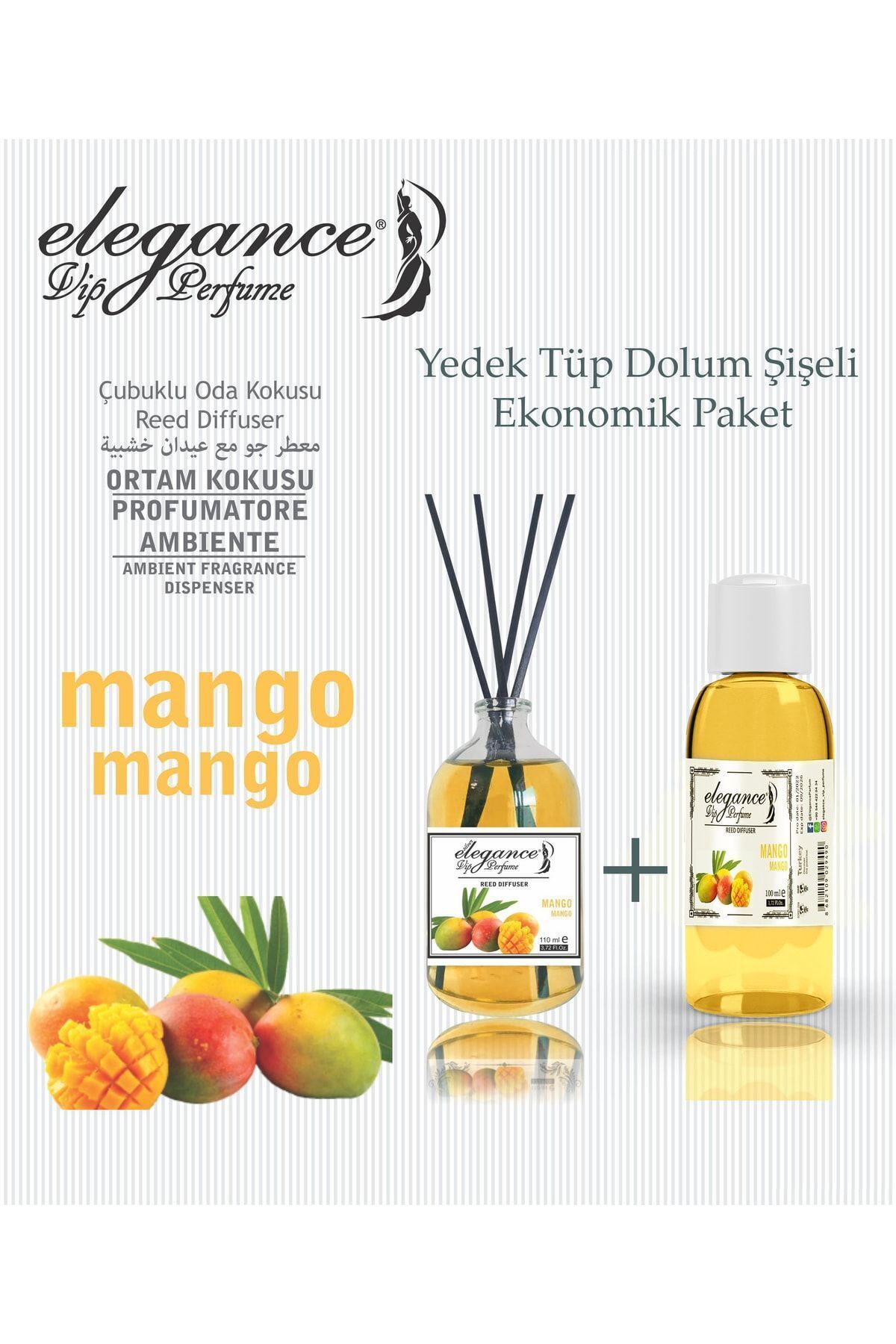 Elegance vip Perfume Mango 110 ml  Çubuklu Oda & Ortam Kokusu ve Yedek Tüp Dolum Şişeli
