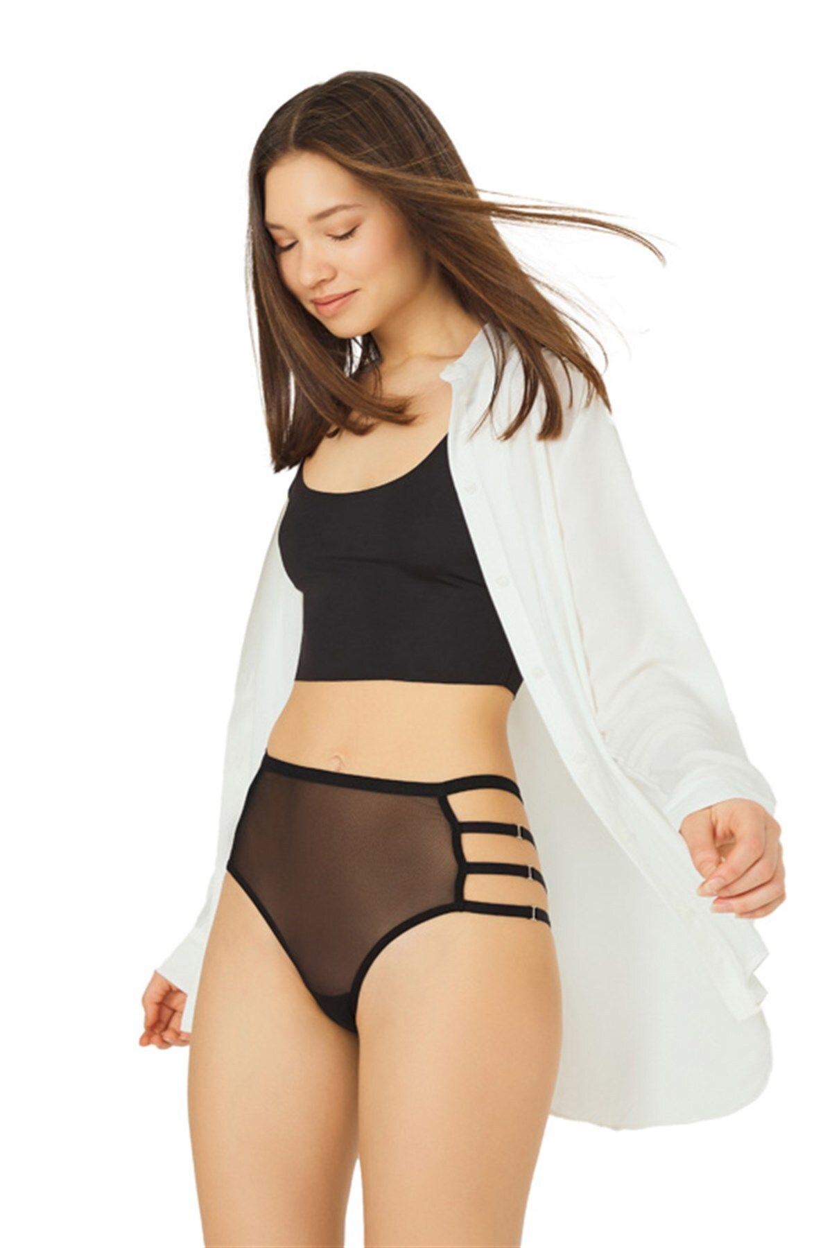 Cottonhill Siyah Tül Transparan Lastik Detaylı Yüksek Bel Bikini Külot