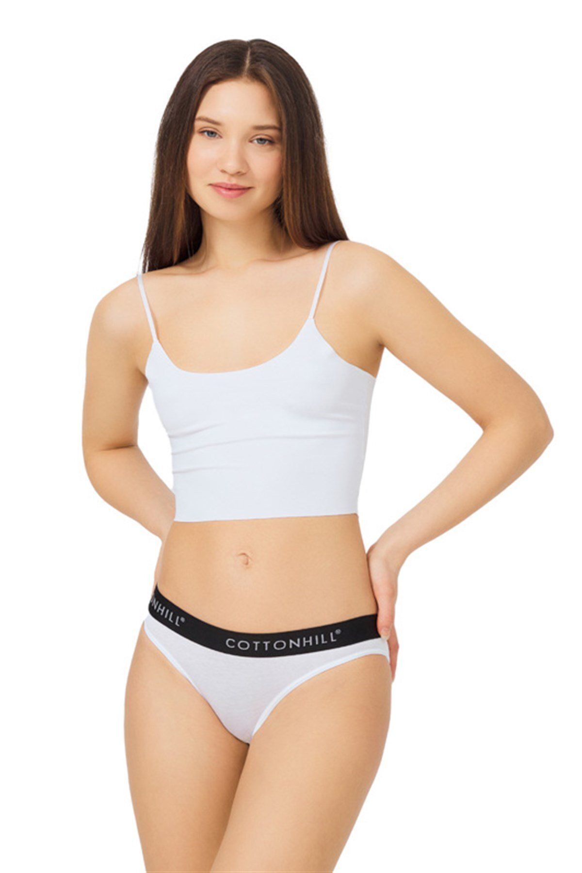 Cottonhill Beyaz Pamuklu Siyah Lastikli Basic Kadın Bikini Külot