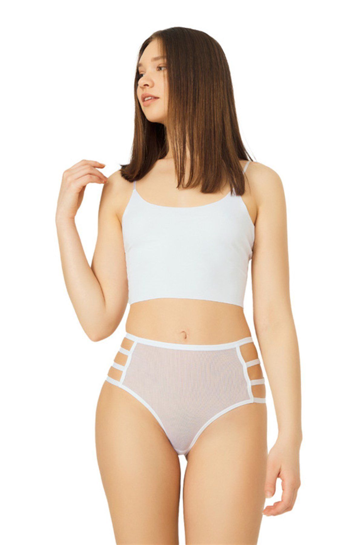 Cottonhill Beyaz Tül Transparan Lastik Detaylı Yüksek Bel Bikini Külot