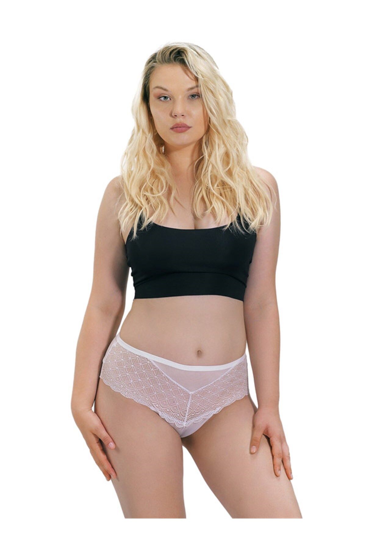 Cottonhill Krem Dantel Detaylı Yüksek Bel Büyük Beden Kadın Bikini Külot