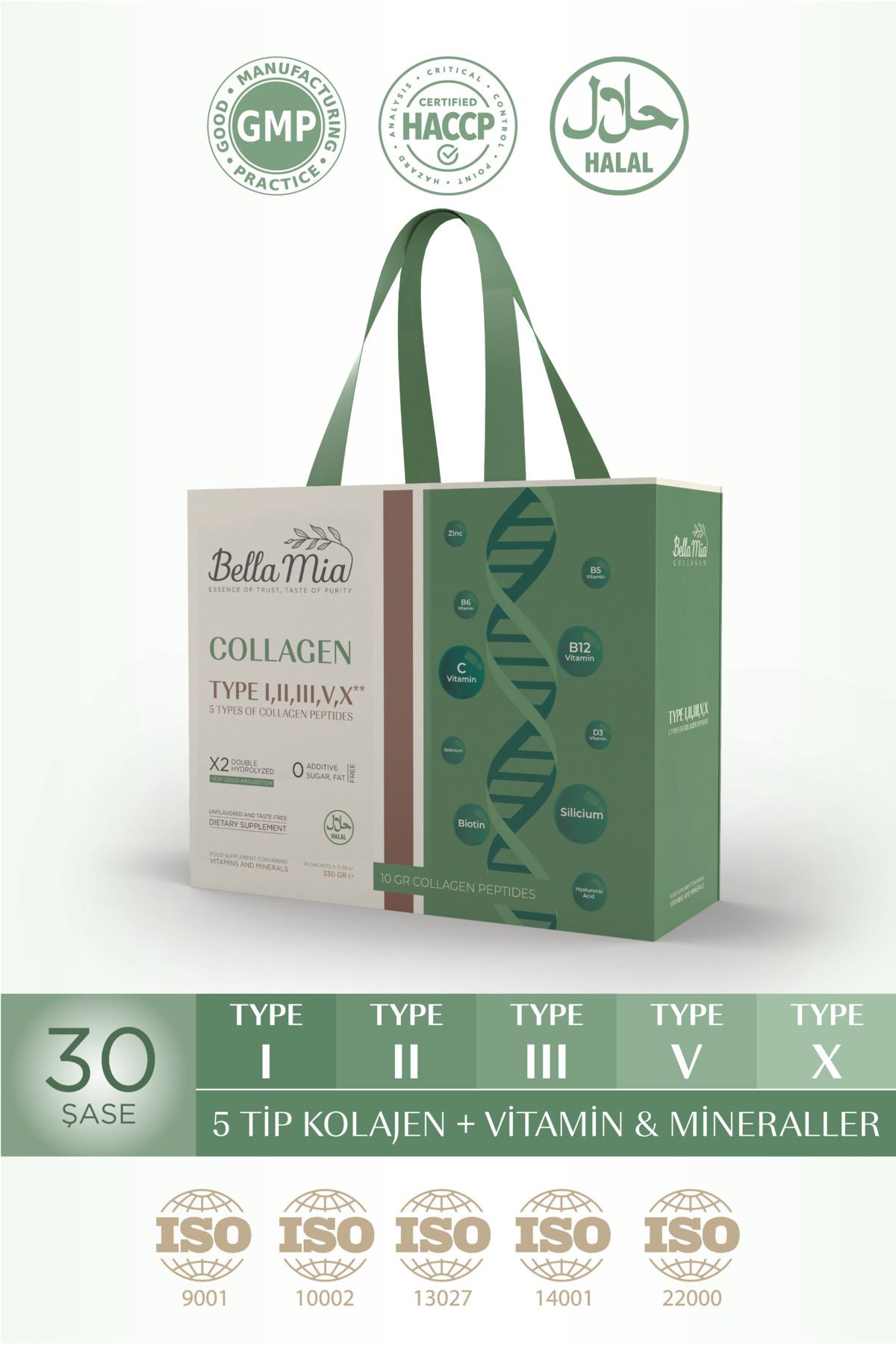 Bella Mia Collagen %100 Saf ve Doğal 5 Tip Kolajen Tip 1, Tip 2, Tip 3, Tip 5, Tip 10 ve Vitamin İçeren Diyet Takviyesi