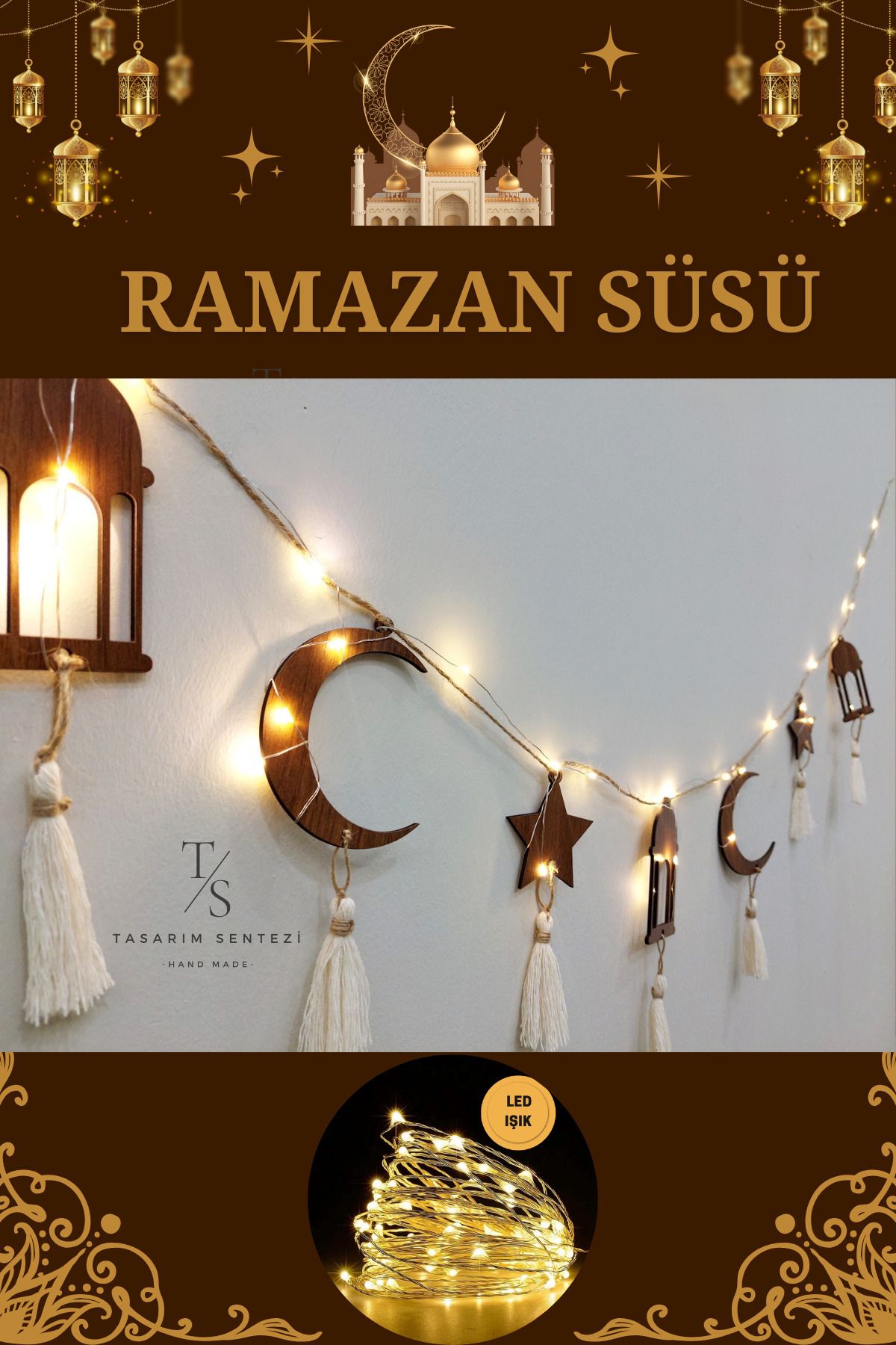 Tasarım Sentezi Hoşgeldin Ramazan Süsleri Ahşap Led Işık Dekoratif Duvar Kandil Ay Yıldız Hilal Ramadan Eid Mubarek