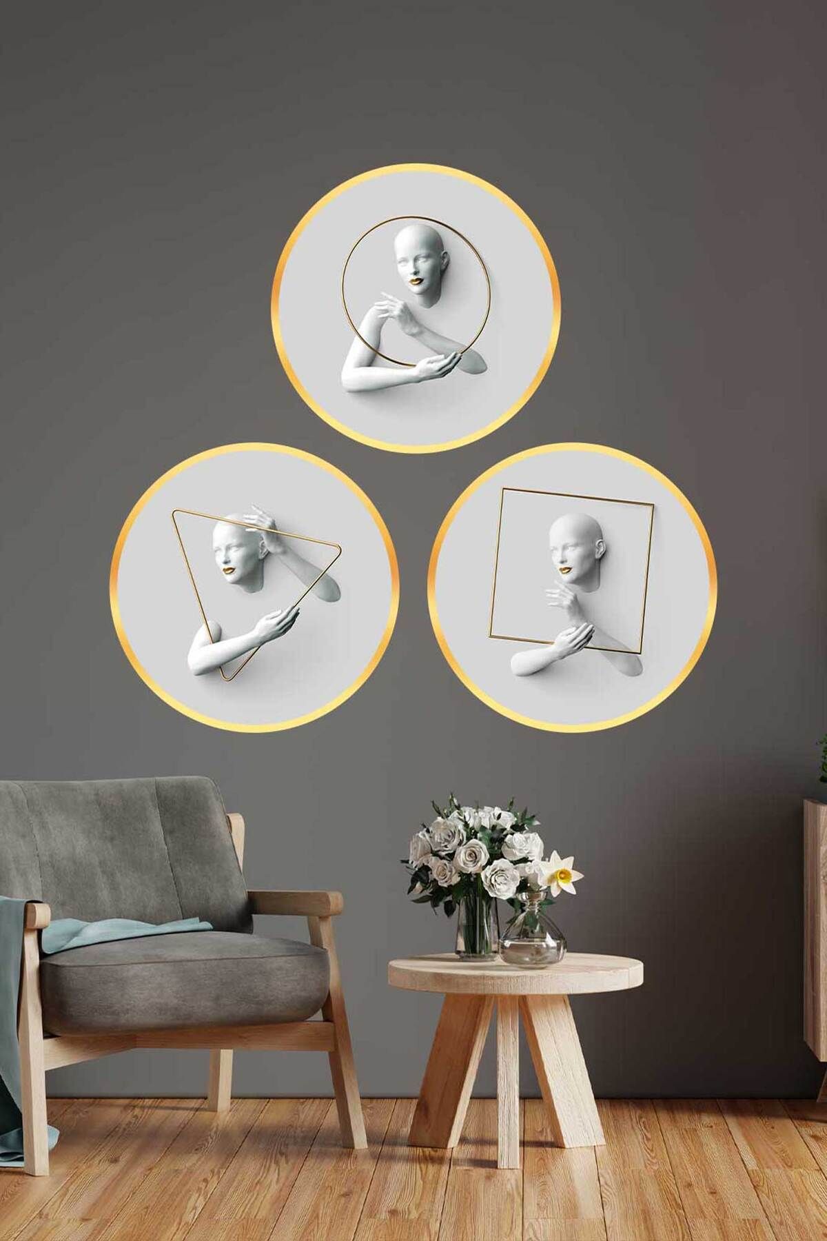 Voovart Gold Ayna Figürlü Dokulu Baskı Minimal Tablo Seti ( 49x49cm 3'lü Set ) - ART1042