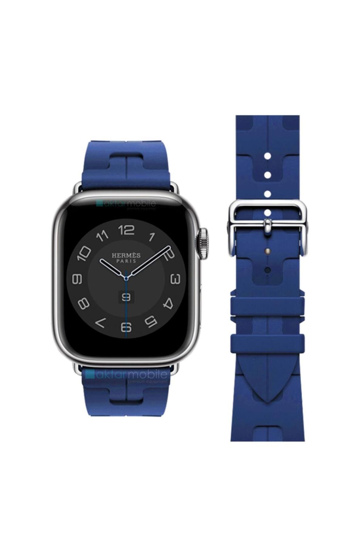 AktarMobile Apple Watch 7 8 9 45 mm Uyumlu Spor Silikon Kordon Hermes Kilim Motifli Kayış Katlanabilir Toka