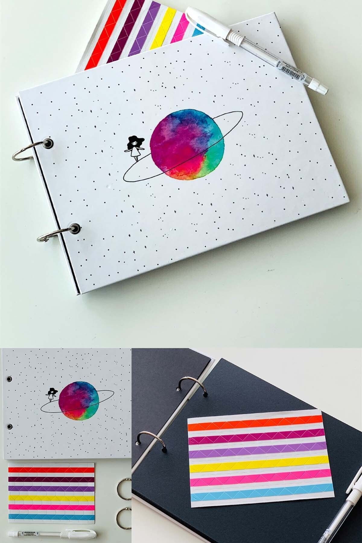 Patladı Gitti Satürnlü Kız Tasarımlı Fotoğraf Albümü Anı Defteri Beyaz Kalem Ve Yapıştırıcı
