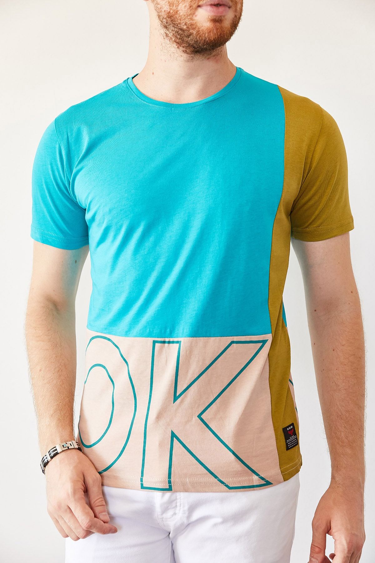 XHAN Erkek Turkuaz & Krem Baskılı T-shirt 0yxe1-44021-13
