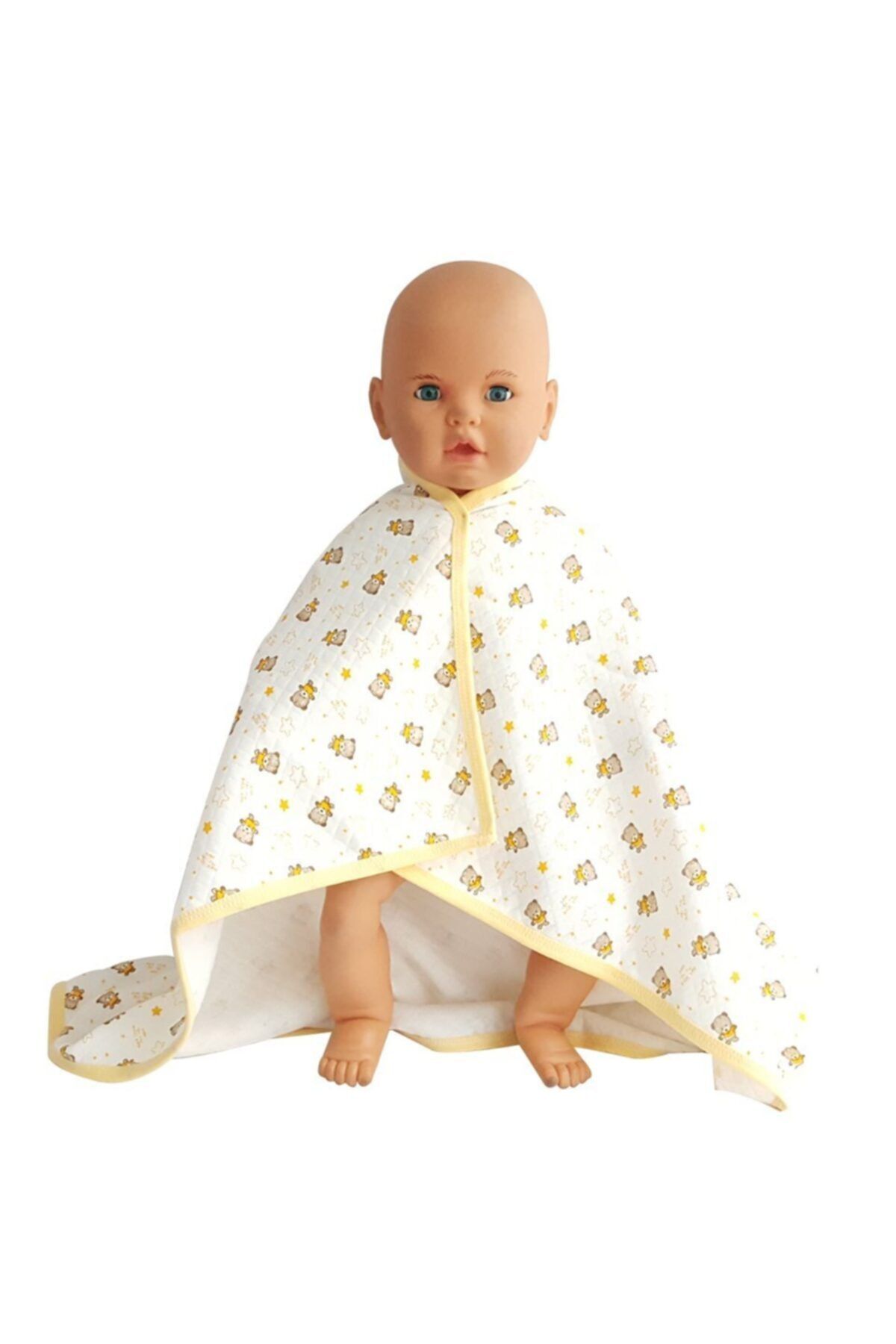 bebegen Ayıcık Desenli Penye Tek Kat Krem Sarı Bebek Battaniyesi