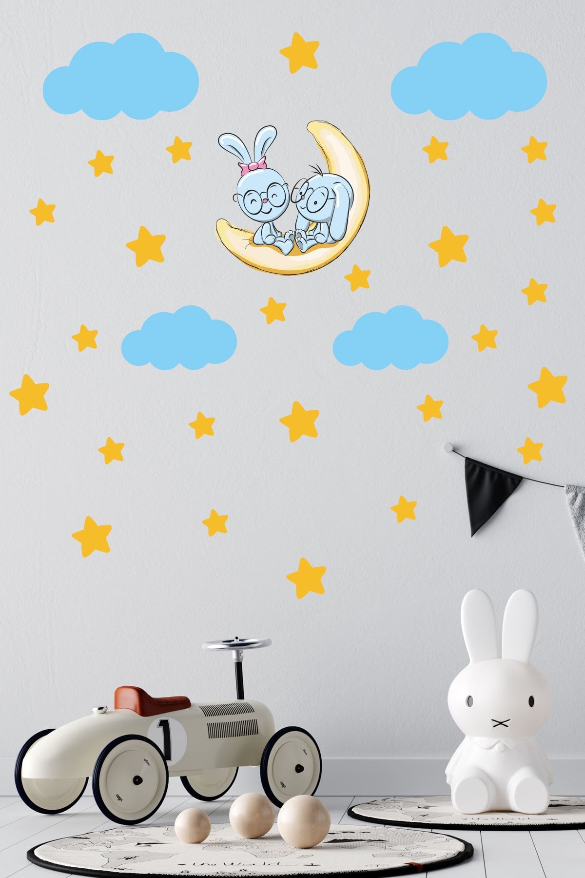 Tilki Dünyası Sevimli Tavşanlar Sarı Yıldızlar ve Mavi Bulutlar Dekoratif Bebek Çocuk Odası Duvar Sticker