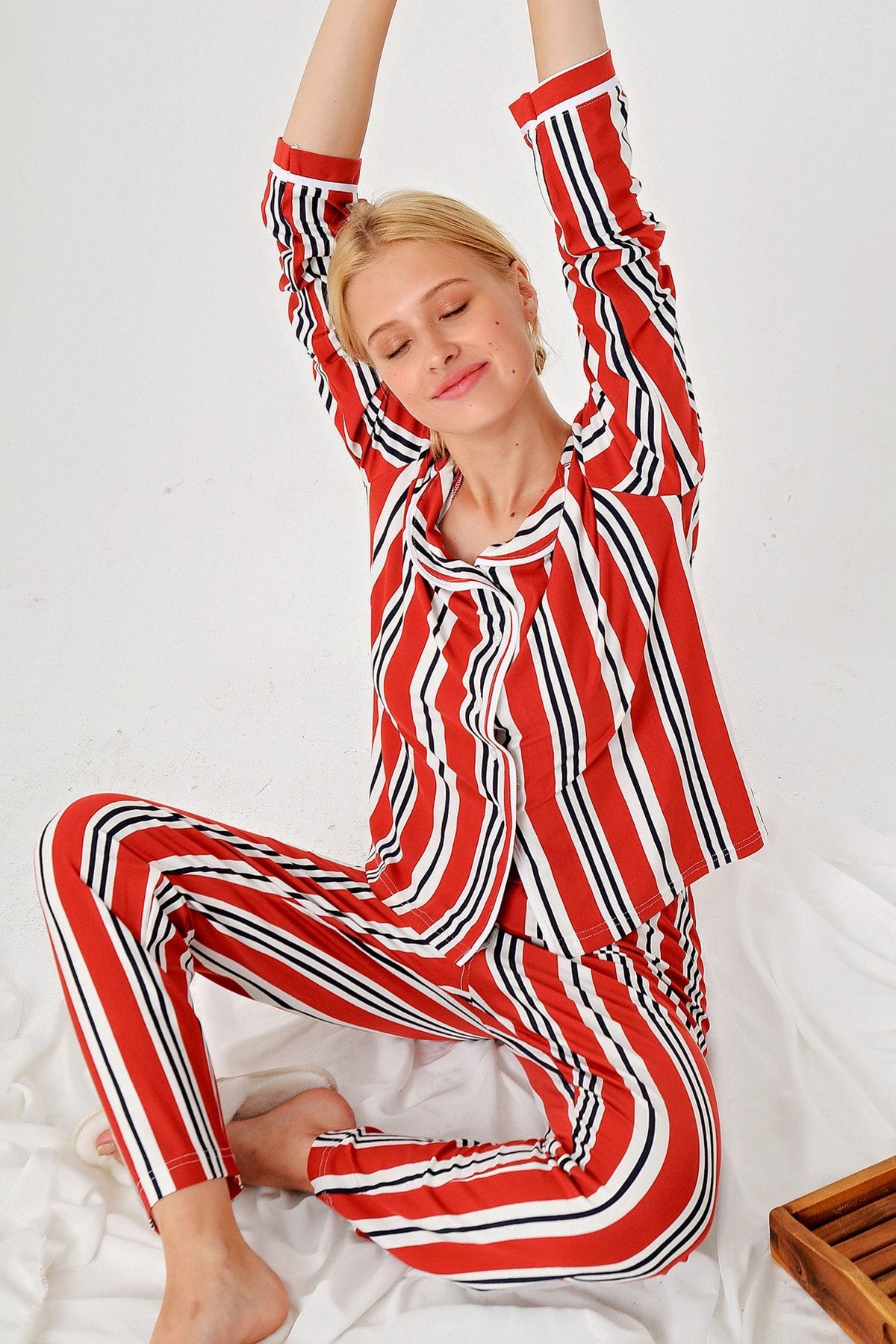 Trend Alaçatı Stili Kadın Kiremit Çizgili Gömlek Yaka Pijama Takım ALC-X4801