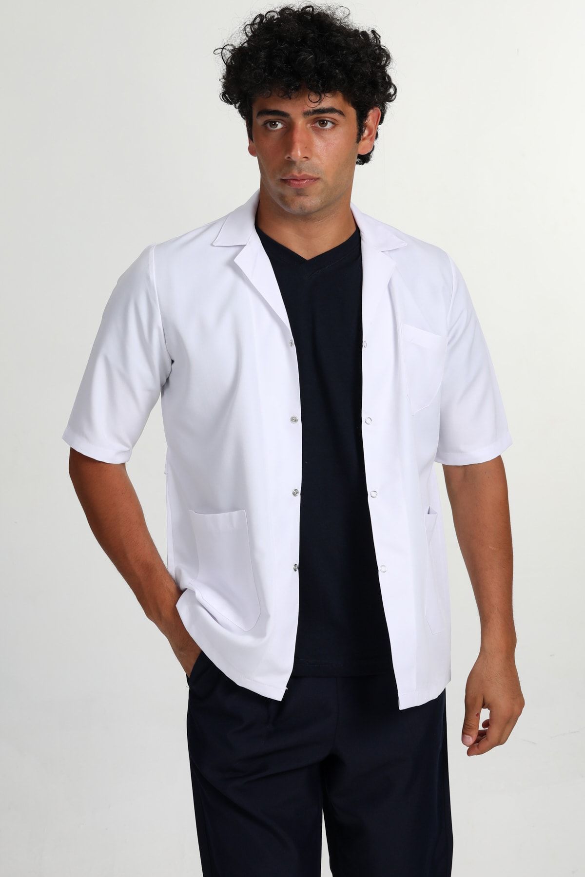 BAŞAK Erkek Beyaz Kısa Kol Ceket Boy Gömlek Yaka Önlük