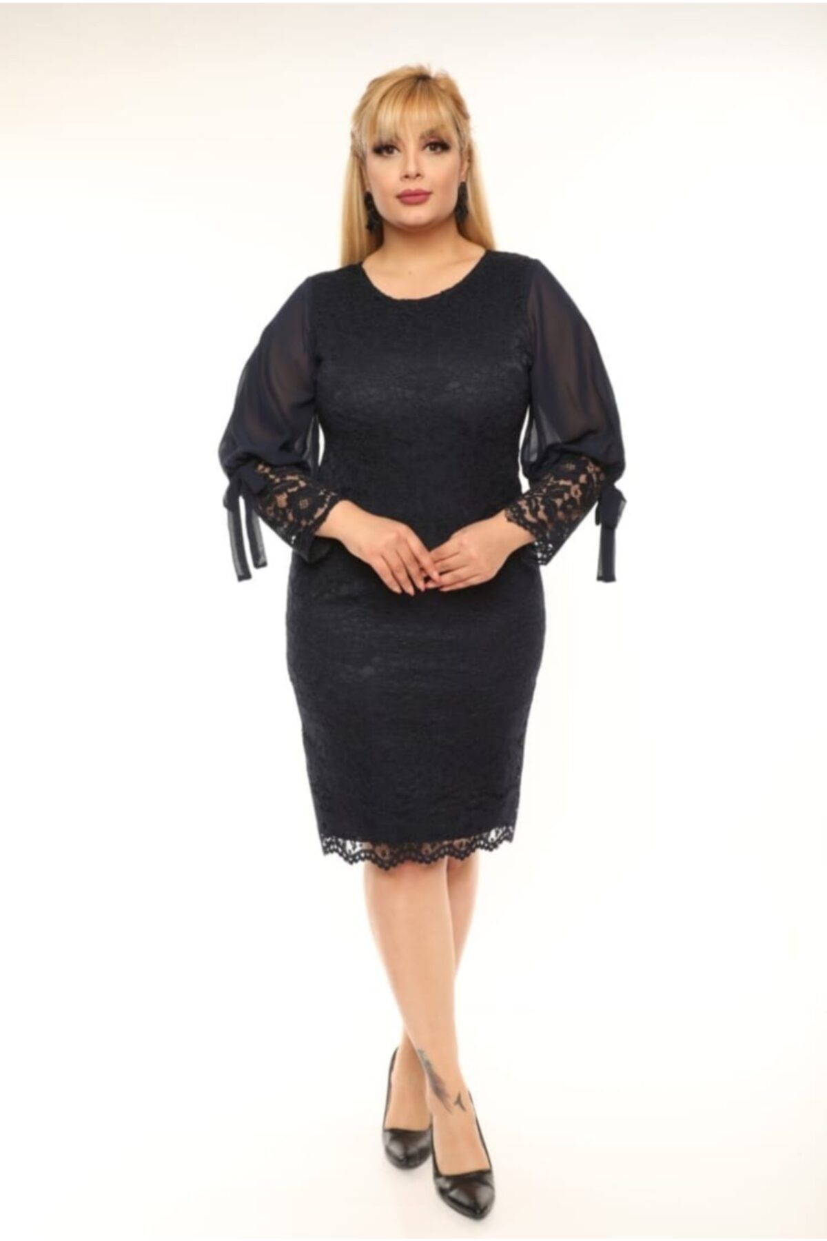 Genel Markalar Kadın Siyah Büyük Beden Güpür Kolu Şifon Abiye Elbise
