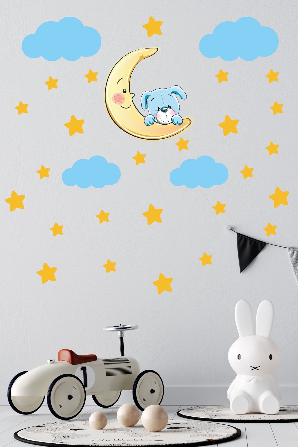 Tilki Dünyası Sevimli Köpekcik Sarı Yıldızlar Ve Mavi Bulutlar Dekoratif Bebek Çocuk Odası Duvar Sticker