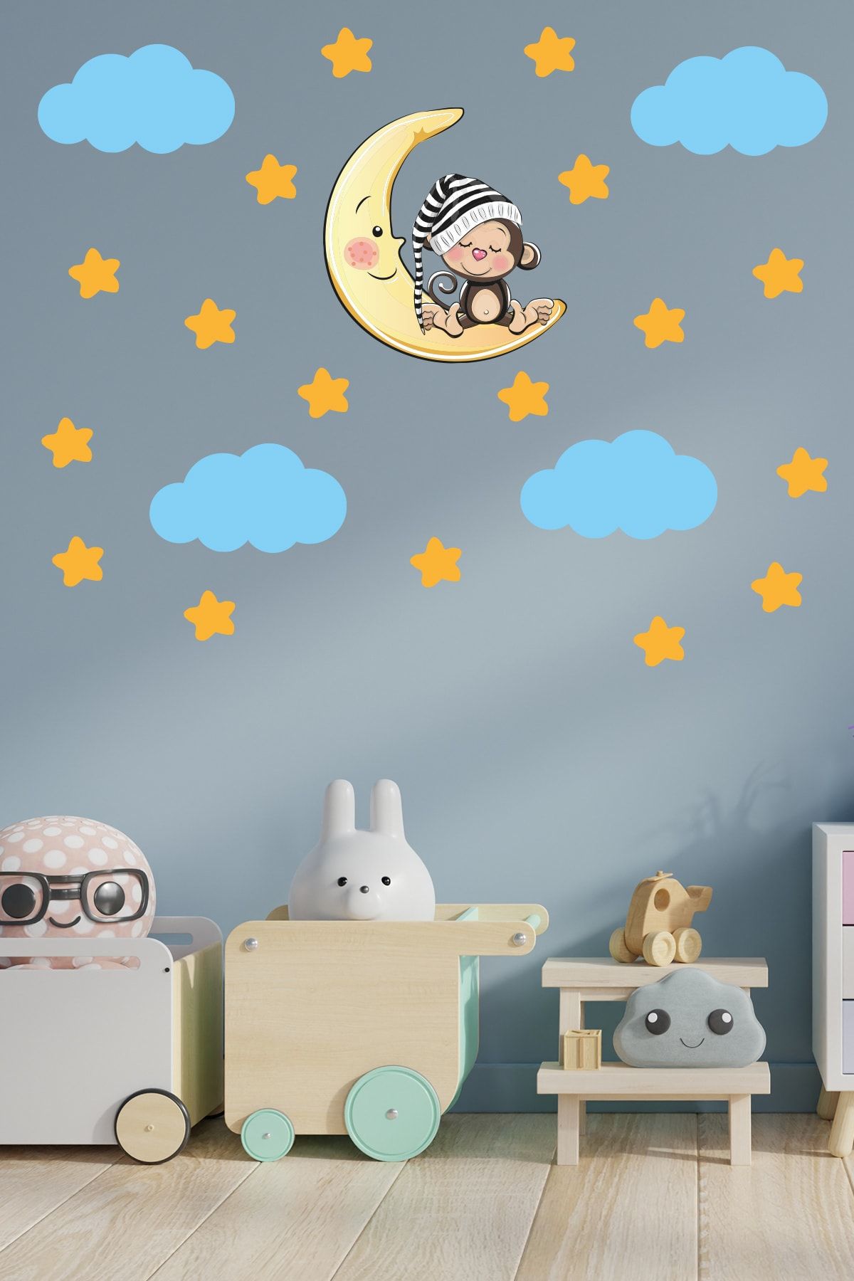 Tilki Dünyası Mavi Uyuyan Maymun Sarı Yıldızlar ve Mavi Bulutlar Dekoratif Bebek Çocuk Odası Duvar Sticker