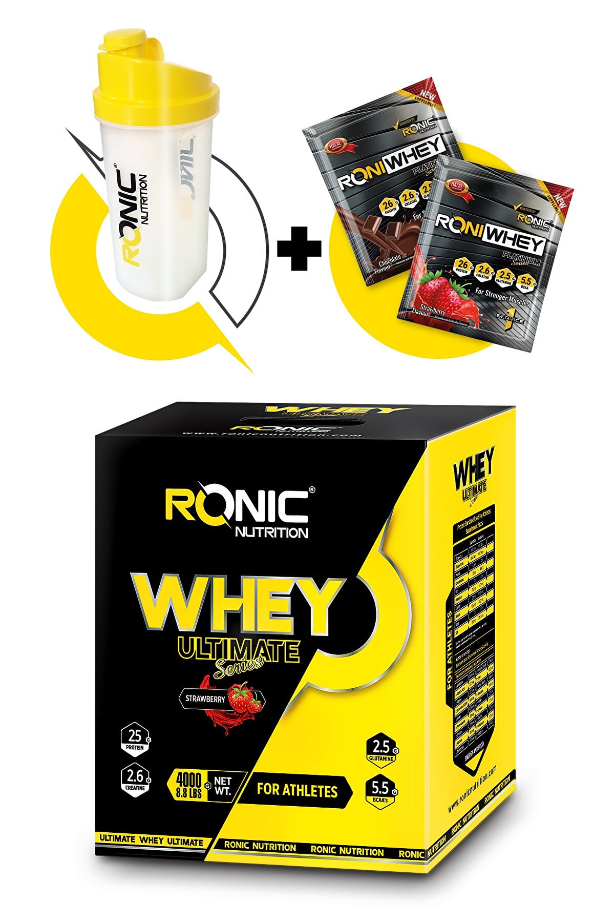 Ronic Nutrition Whey Ultimate Protein Tozu 4000 gr Çilek Aromalı Shaker ve 2 Adet Tek Kullanımlık Whey Protein