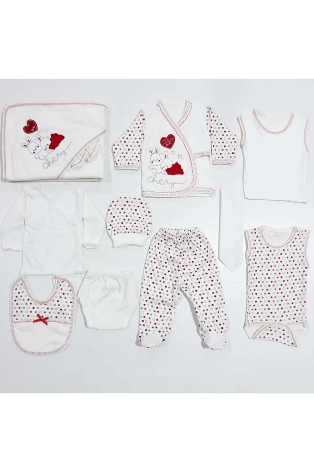 bebegen Unisex Bebek Krem Kalpli Tavşan Puanlı 11 Parça Hastane Çıkış Seti
