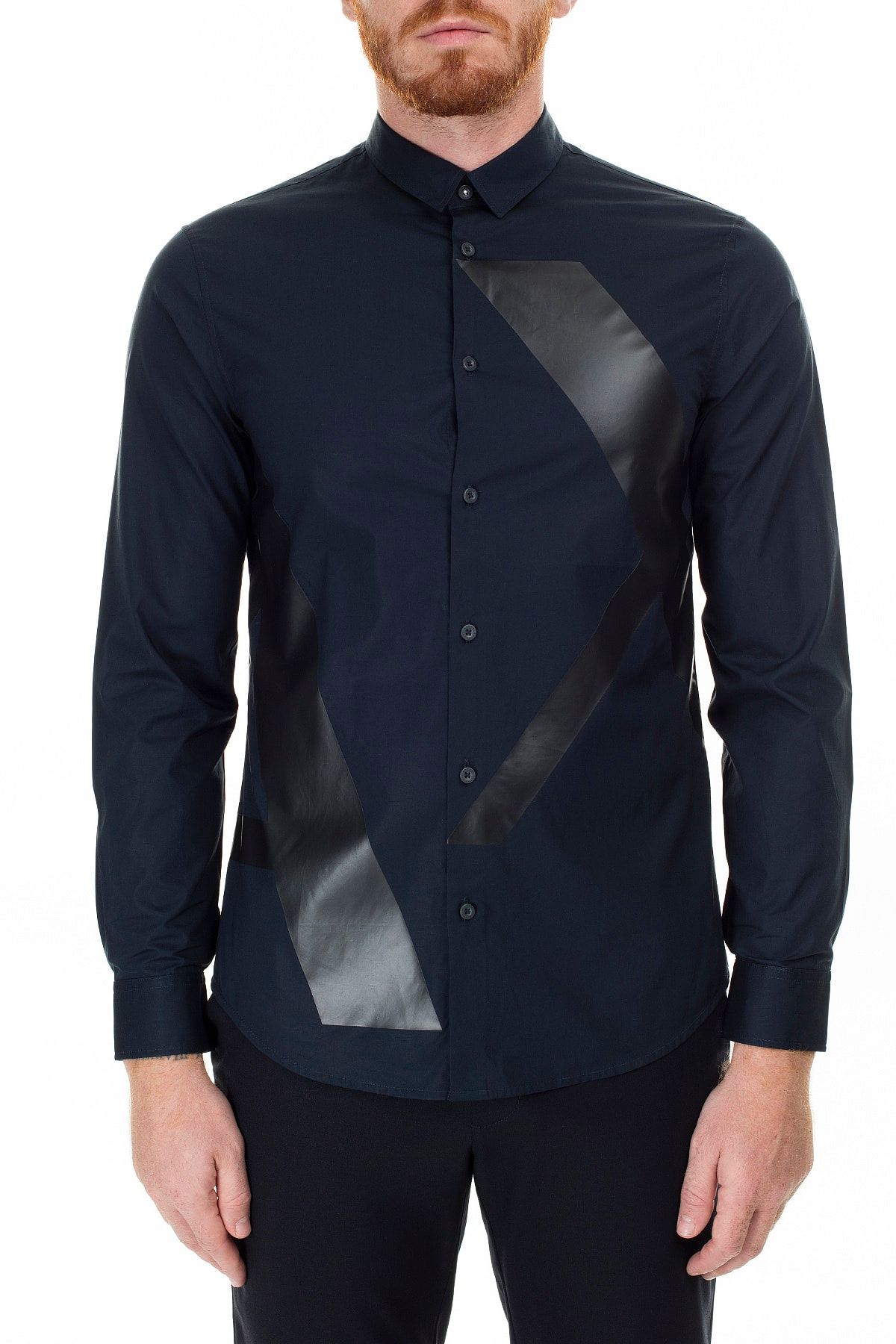 Armani Exchange Erkek Lacivert Logo Baskılı Regular Fit Uzun Kollu Gömlek