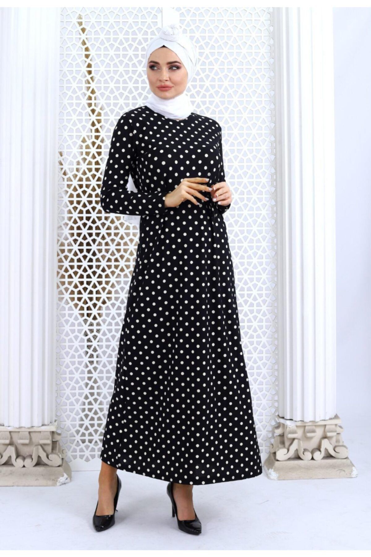 MODAEFA Kadın Siyah Puantiyeli uzun Elbise
